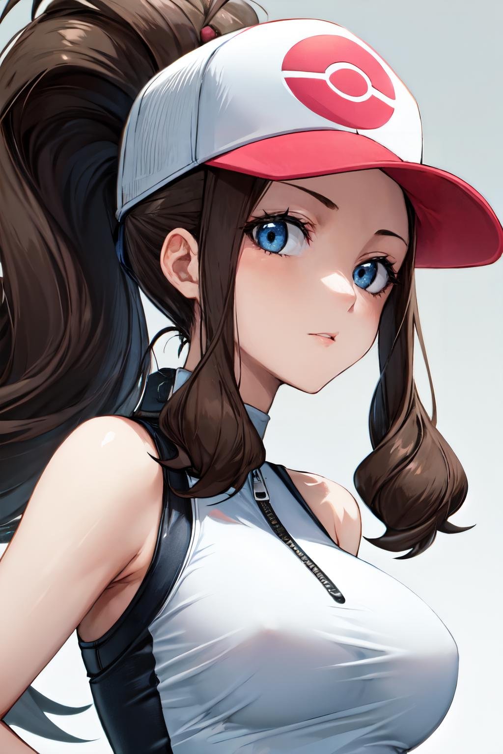 <lora:hilda_pokemon:1>hilda pokemon,  baseball cap,  1girl, upper body, solo,  looking at viewer, high ponytail, sporty one-piece with a zip-front closure and contrasting side panels for a dynamic effect,