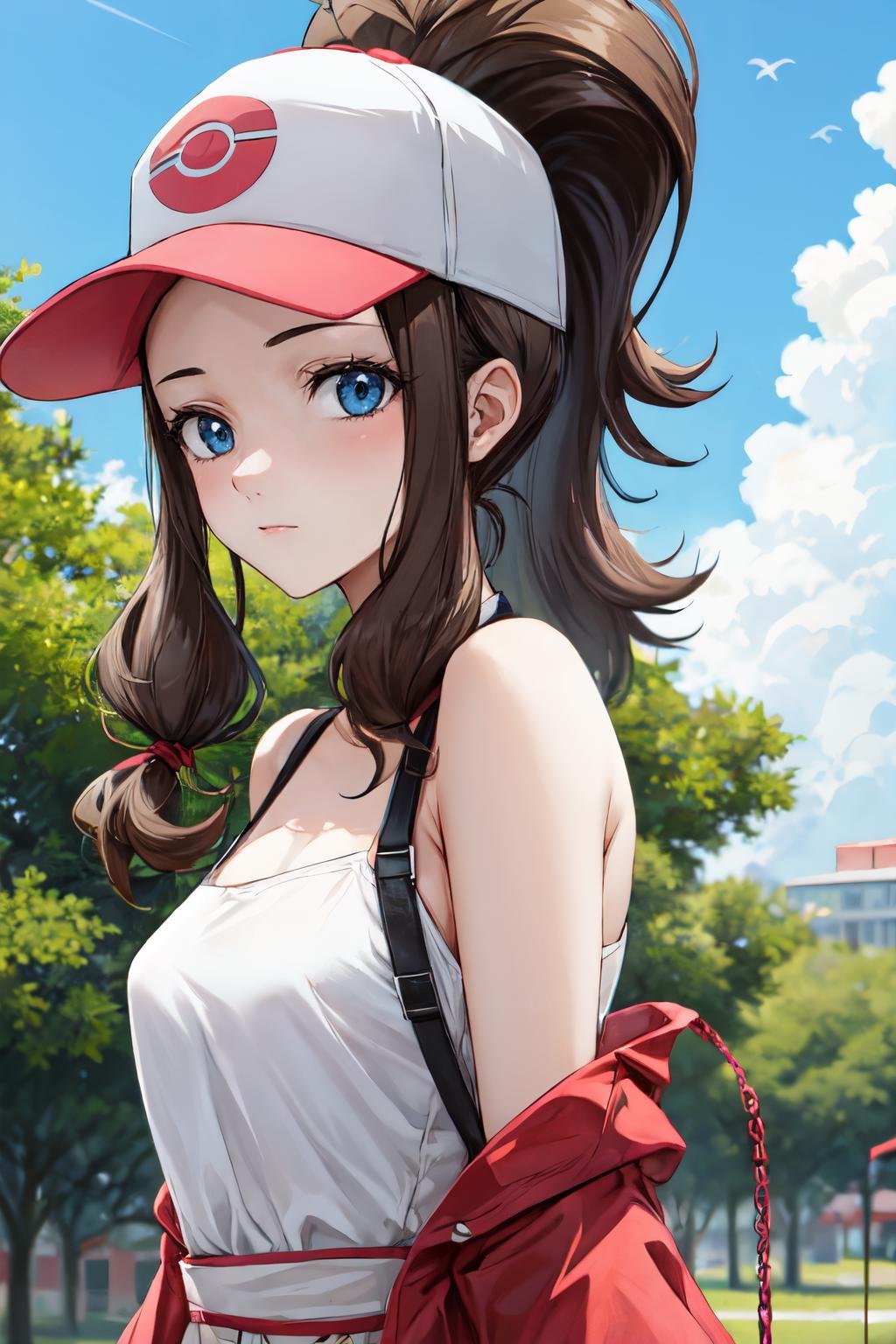 <lora:hilda_pokemon:1>hilda pokemon,  baseball cap,  1girl, upper body, solo,  looking at viewer, high ponytail, Cold shoulder boho swing dress