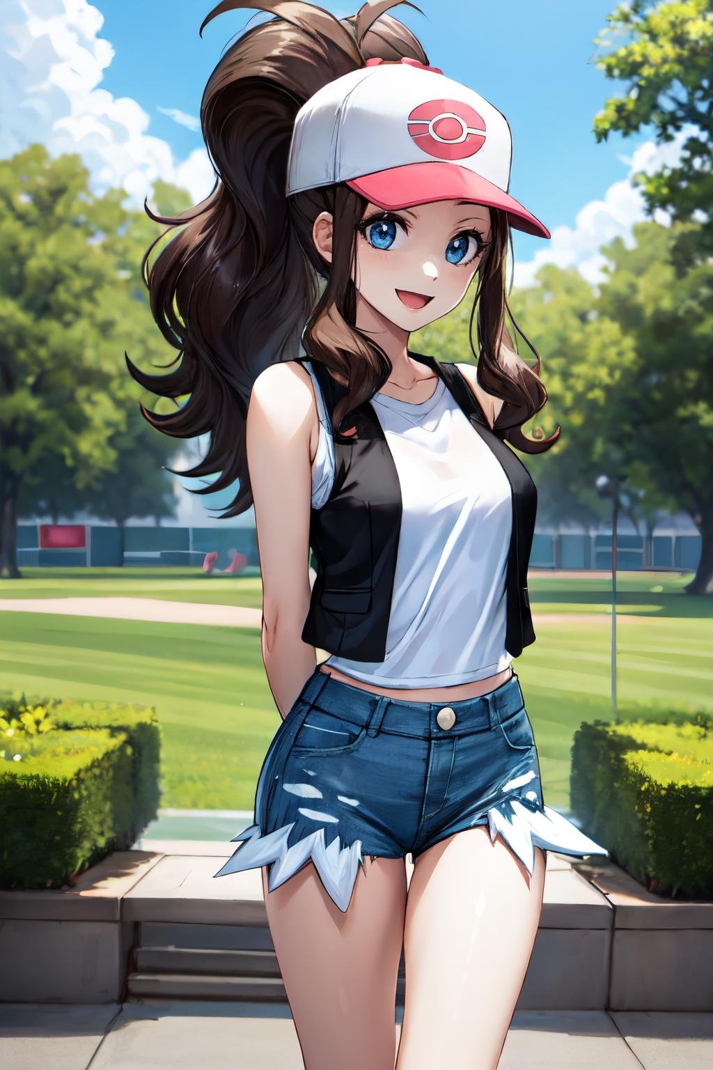 <lora:hilda_pokemon:1> hilda pokemon, baseball cap, vest,  smile, denim shorts, eyelashes, high ponytail, white shirt, 1girl,medium breasts, sidelocks, short shorts, sleeveless, solo, :d, looking at viewer,  sleeveless shirt, black vest, wristband, outdoors, arms behind back