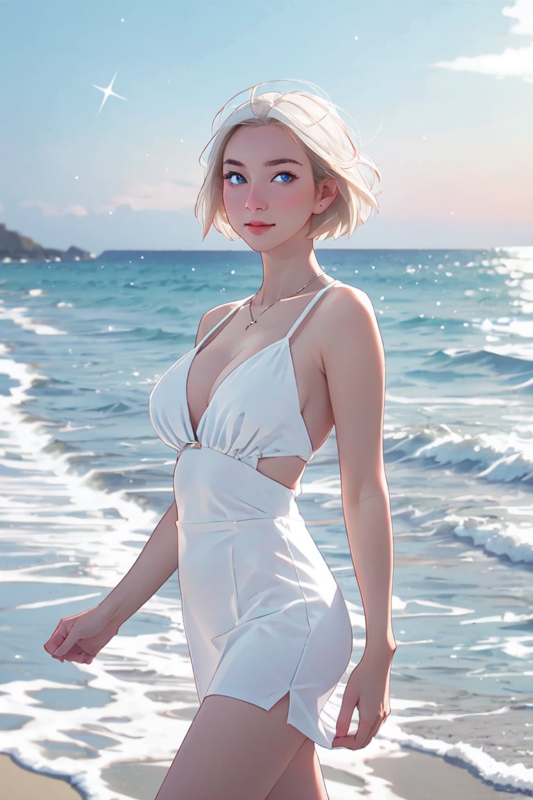 ultra realistic,  young beautifull girl ,white skin, white medium short hair, detailed face, detailed light blue eyes, medium breasts, cleavage, walking at beach at midnight with a starry sky, lateral view,full_body  ,Sexy Big Breast,Enhance,High detailed ,SGBB,1 girl