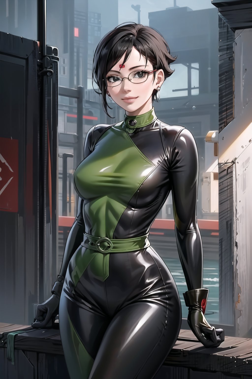 ((best quality)),  ((highly detailed)),  masterpiece,  ((official art)),  sarada, black eyes, glasses, collar, earrings, jewelery, (microchip), cyberpunk, paris, ruin, water drop, (shegosuit), green bodysuit, latex ,smile, lips, pose, cowboy_shot, scenery, intricately detailed,  hyperdetailed,  blurry background, depth of field,  best quality,  masterpiece,  intricate details,  tonemapping,  sharp focus,  hyper detailed,  trending on Artstation, 1 girl,  high res,  official art