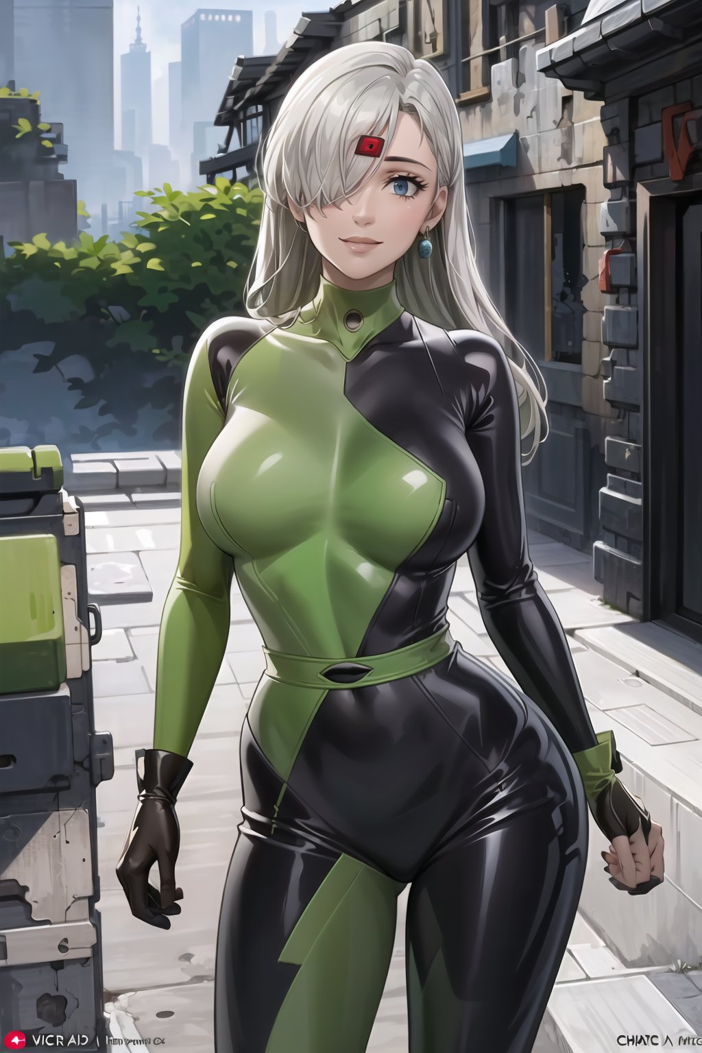 ((best quality)),  ((highly detailed)),  masterpiece,  ((official art)),   elizabeth, long hair, blue eyes, white hair, hair over one eye, single earring,, (microchip:1.2), cyberpunk, paris, ruin, water drop, (shegosuit), green bodysuit, latex ,smile, lips, pose, cowboy_shot, scenery, intricately detailed,  hyperdetailed,  blurry background, depth of field,  best quality,  masterpiece,  intricate details,  tonemapping,  sharp focus,  hyper detailed,  trending on Artstation, 1 girl,  high res,  official art