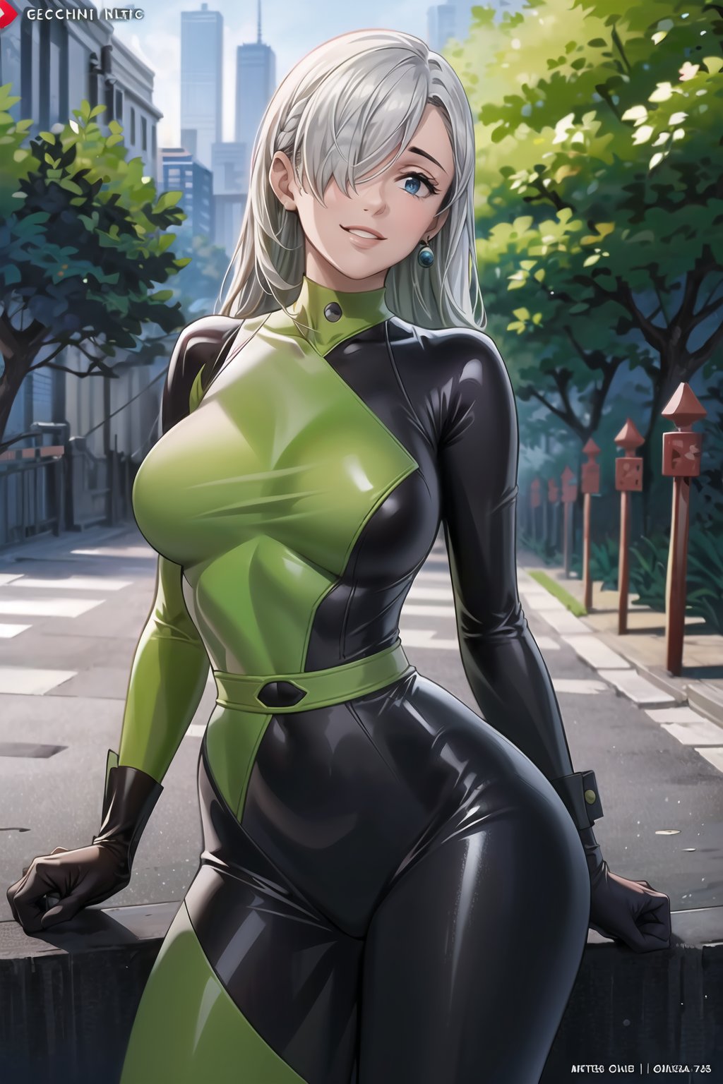 ((best quality)),  ((highly detailed)),  masterpiece,  ((official art)),   elizabeth, long hair, blue eyes, white hair, hair over one eye, single earring,, (microchip:1.2), cyberpunk, paris, ruin, water drop, (shegosuit), green bodysuit, latex ,smile, lips, pose, cowboy_shot, scenery, intricately detailed,  hyperdetailed,  blurry background, depth of field,  best quality,  masterpiece,  intricate details,  tonemapping,  sharp focus,  hyper detailed,  trending on Artstation, 1 girl,  high res,  official art