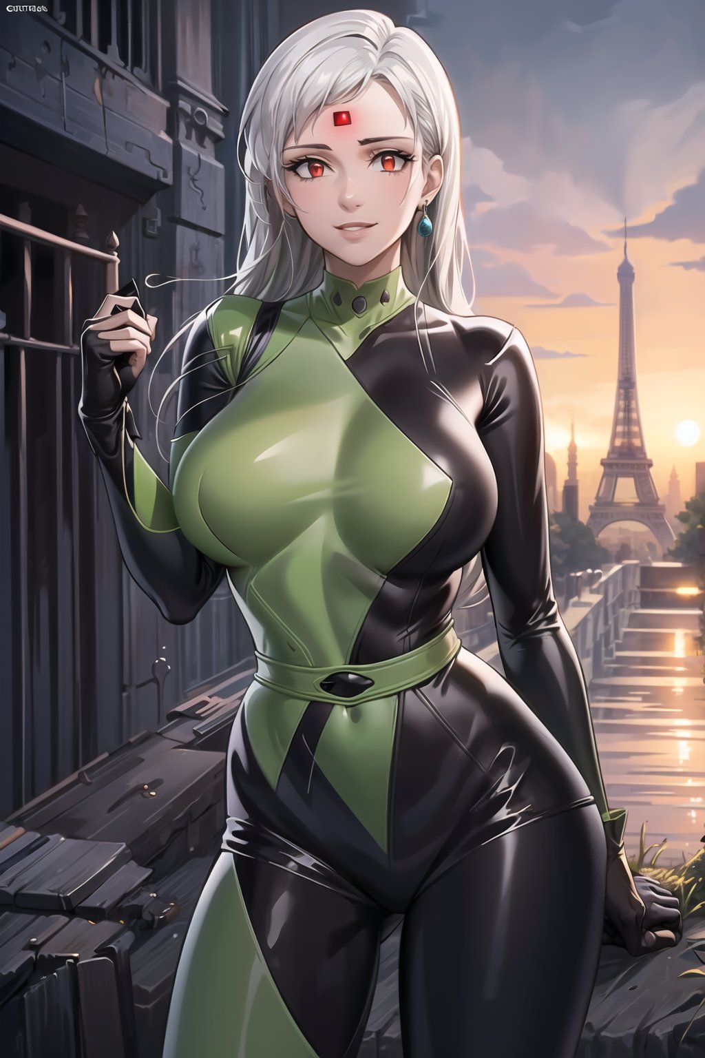 ((best quality)),  ((highly detailed)),  masterpiece,  ((official art)),   elizabeth, long hair, red eyes, white hair, single earring,, (microchip:1.2), cyberpunk, paris, ruin, water drop, (shegosuit), green bodysuit, latex ,smile, lips, pose, cowboy_shot, scenery, intricately detailed,  hyperdetailed,  blurry background, depth of field,  best quality,  masterpiece,  intricate details,  tonemapping,  sharp focus,  hyper detailed,  trending on Artstation, 1 girl,  high res,  official art