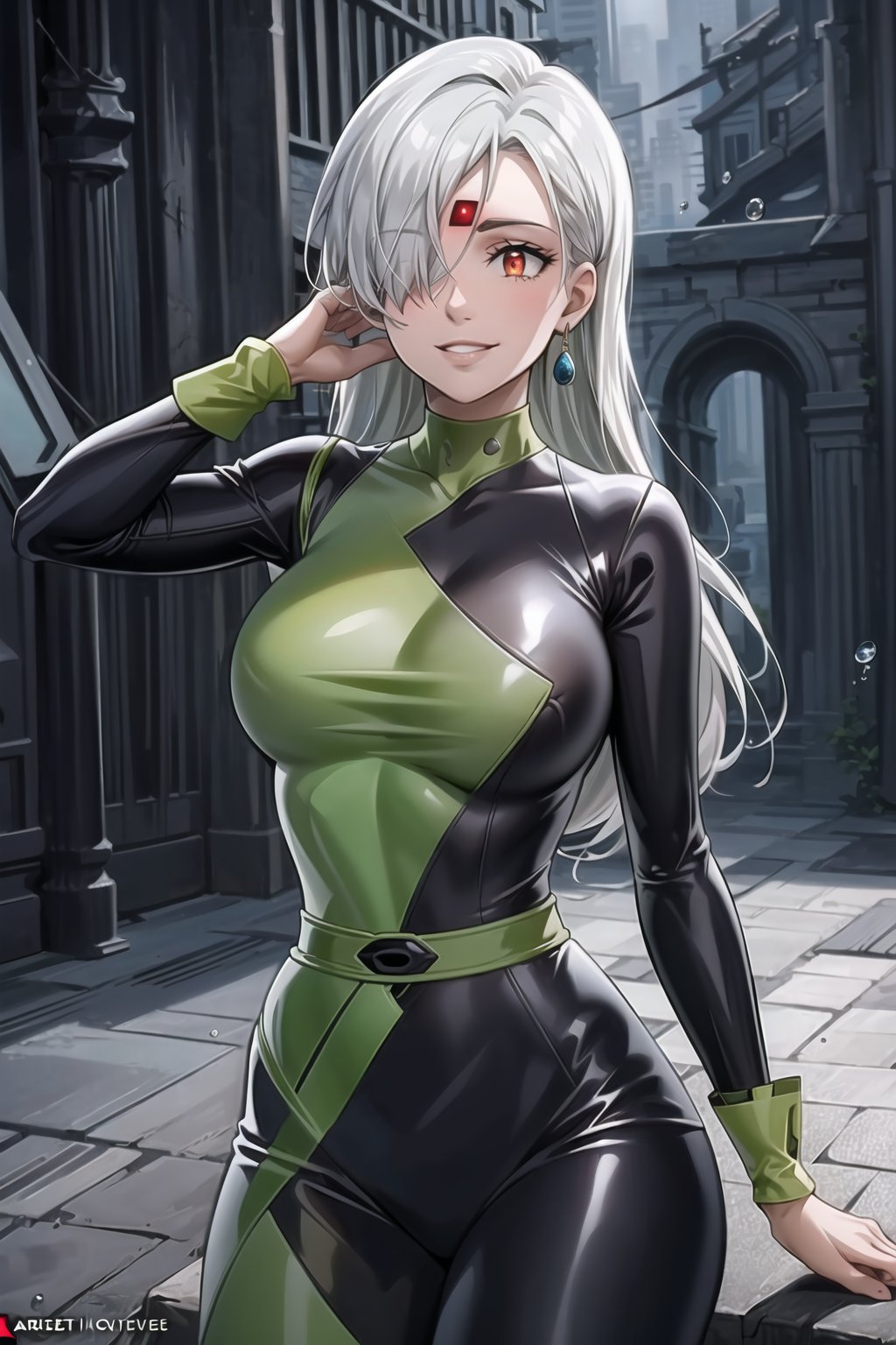 ((best quality)),  ((highly detailed)),  masterpiece,  ((official art)),   elizabeth, long hair, red eyes, white hair, hair over one eye, single earring,, (microchip:1.2), cyberpunk, paris, ruin, water drop, (shegosuit), green bodysuit, latex ,smile, lips, pose, cowboy_shot, scenery, intricately detailed,  hyperdetailed,  blurry background, depth of field,  best quality,  masterpiece,  intricate details,  tonemapping,  sharp focus,  hyper detailed,  trending on Artstation, 1 girl,  high res,  official art