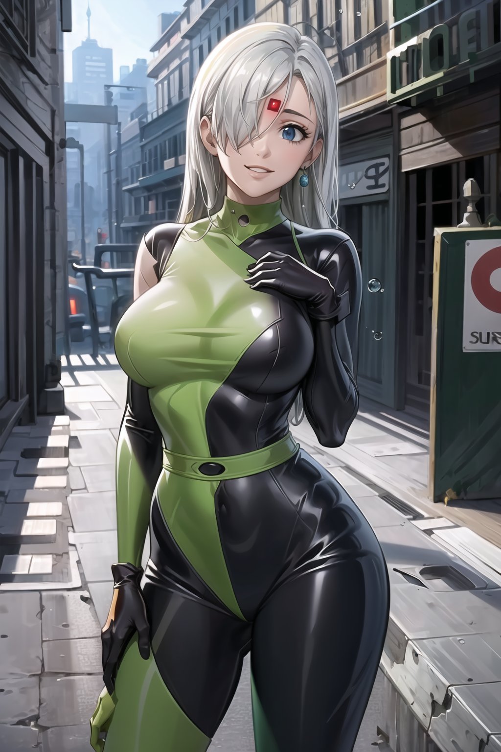 ((best quality)),  ((highly detailed)),  masterpiece,  ((official art)),   elizabeth, long hair, blue eyes, white hair, hair over one eye, single earring,, (microchip:1.2), cyberpunk, paris, ruin, water drop, (shegosuit), green bodysuit, latex ,smile, lips, pose, cowboy_shot, scenery, intricately detailed,  hyperdetailed,  blurry background, depth of field,  best quality,  masterpiece,  intricate details,  tonemapping,  sharp focus,  hyper detailed,  trending on Artstation, 1 girl,  high res,  official art