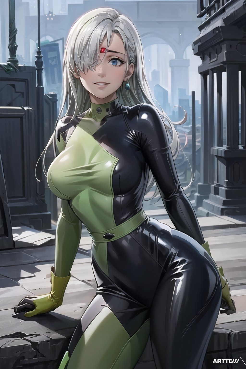 ((best quality)),  ((highly detailed)),  masterpiece,  ((official art)),   elizabeth, long hair, blue eyes, white hair, hair over one eye, single earring,, (microchip:1.2), cyberpunk, paris, ruin, water drop, (shegosuit), green bodysuit, latex ,smile, lips, pose, cowboy_shot, scenery, intricately detailed,  hyperdetailed,  blurry background, depth of field,  best quality,  masterpiece,  intricate details,  tonemapping,  sharp focus,  hyper detailed,  trending on Artstation, 1 girl,  high res,  official art