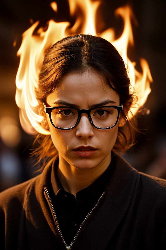   lucca Holding fire, glasses, facing viewer, serious expression, photorealistic 