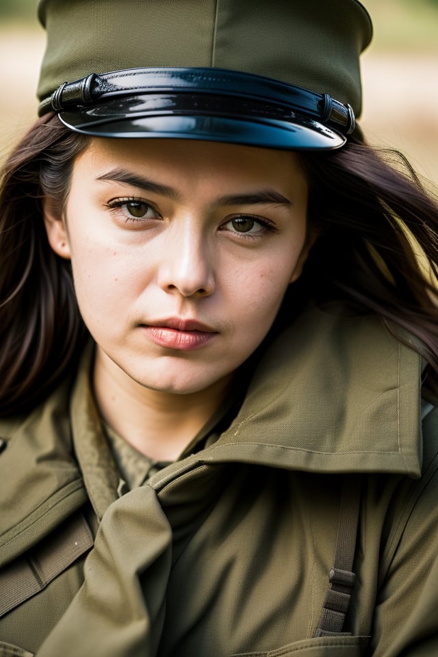 (random expression, enf pose:1.2)

analog style portrait+ style close up Battle wary war girl, wearing soldiers uniform, taking a break from the fighting by having a rest in the battlefield.  Golden hour