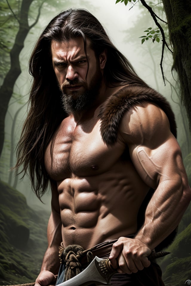 realistic digital painting portrait of a barbarian, axe, cinematic, epic, forest, nature, outdoors, angry, muscles, angry, (Dungeon and Dragon)