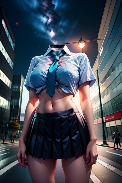 StudentofMisery, white school uniform, blue tie, headless, standing, cowboy shot, navel, 
 night sky, street, tokyo, building,  
(insanely detailed, masterpiece, best quality), 
 
