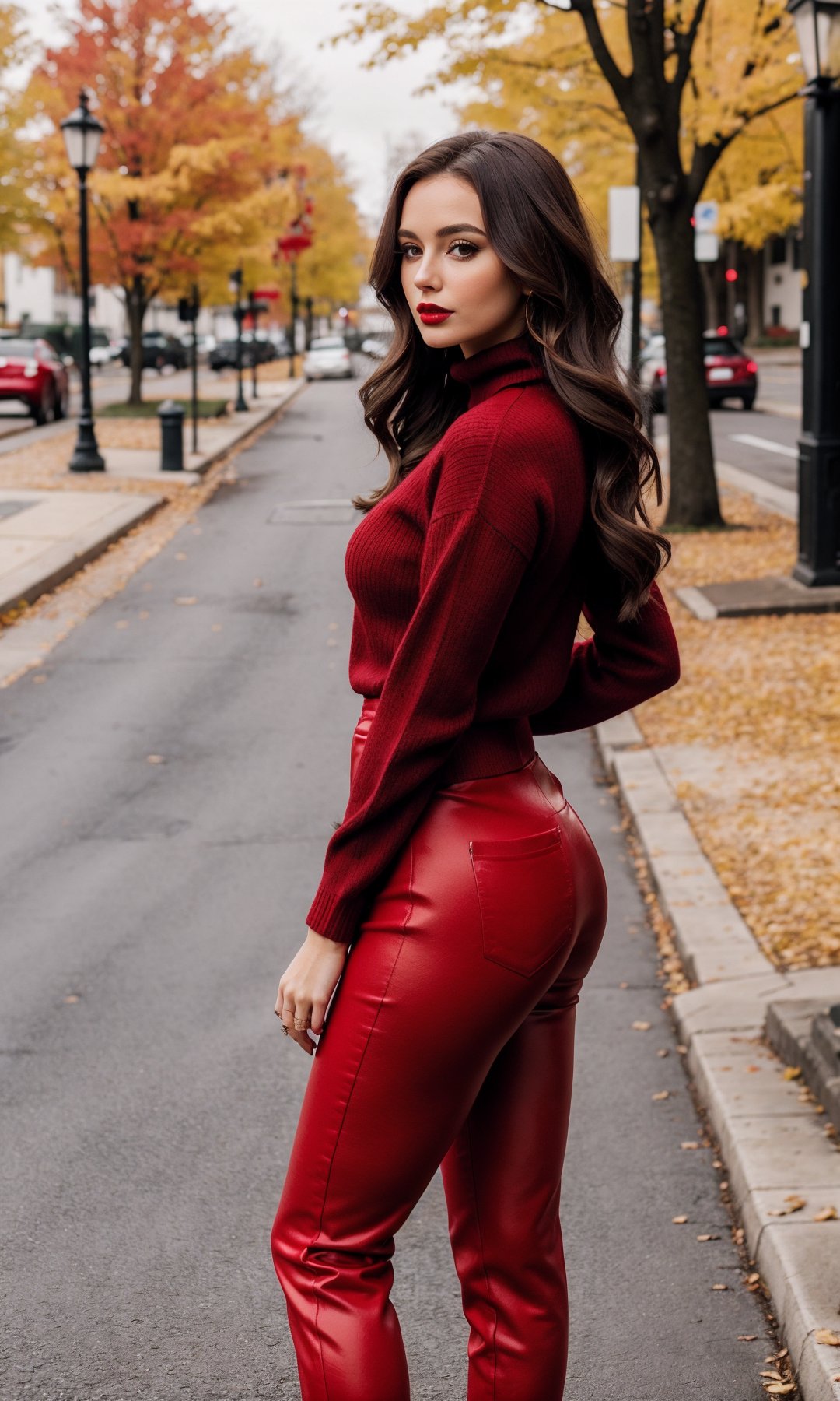 sfw, beautiful brunette with long wavy hair, standing outdoors, red turtleneck sweater, tight white pants, soft red lipstick, facing viewer