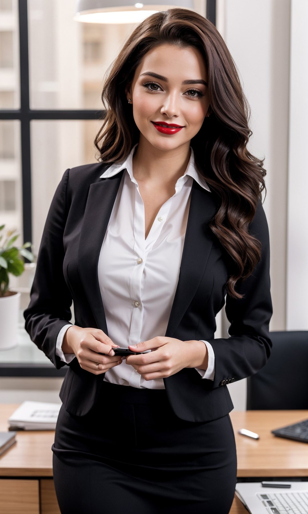 realistic, 8k, masterpiece, beautiful brunette with long wavy hair facing viewer, working in office, office attire, sexy girl, sultry smile, soft red lipstick