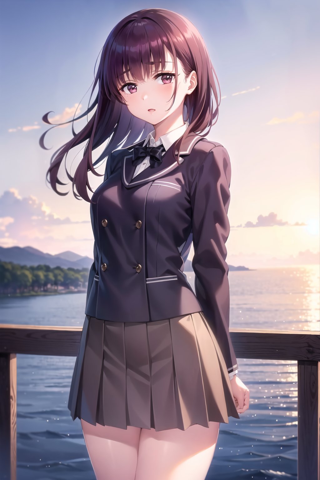 (masterpiece, Best  Quality,  High Quality,  Best Picture Quality Score: 1.3),  (Sharp Picture Quality),  Perfect Beauty: 1.5,dark brown Hair,long hair  (Japanese School Uniform),  One,  (Cute School Uniform),  Beautiful Girl,  Cute,  (Showing Panties), long Skirt,  Very Beautiful View,  Fluttering Skirt,  the sea,  (Most fantastic view), A girl standing on a hilltop, Hazuki