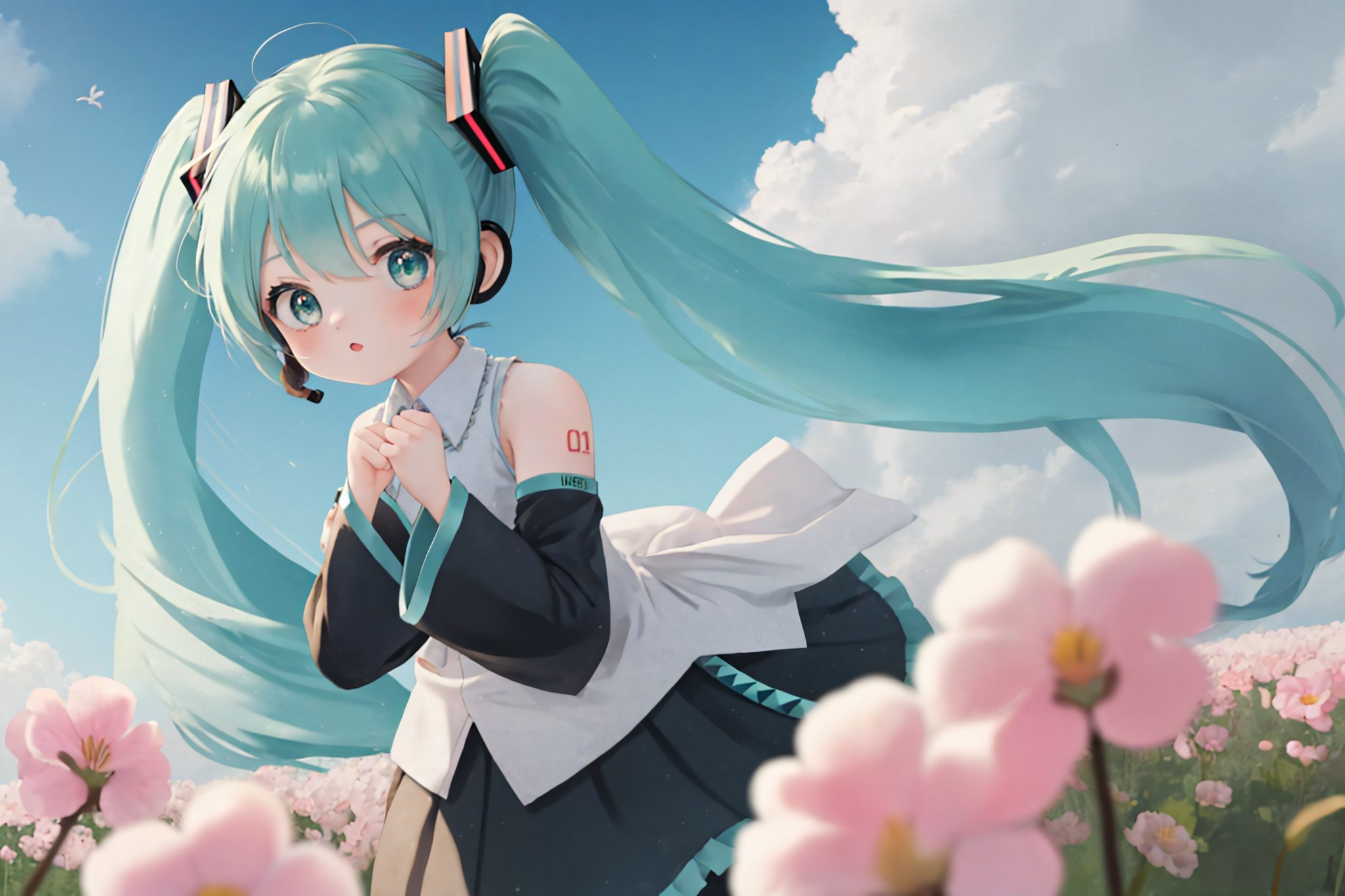 mikudef, konya_karasue, anmi, cowboy shot, flower field, sunlight, best quality, amazing quality, very aesthetic, absurdres, <lora:hatsunemiku1-000006:0.85>