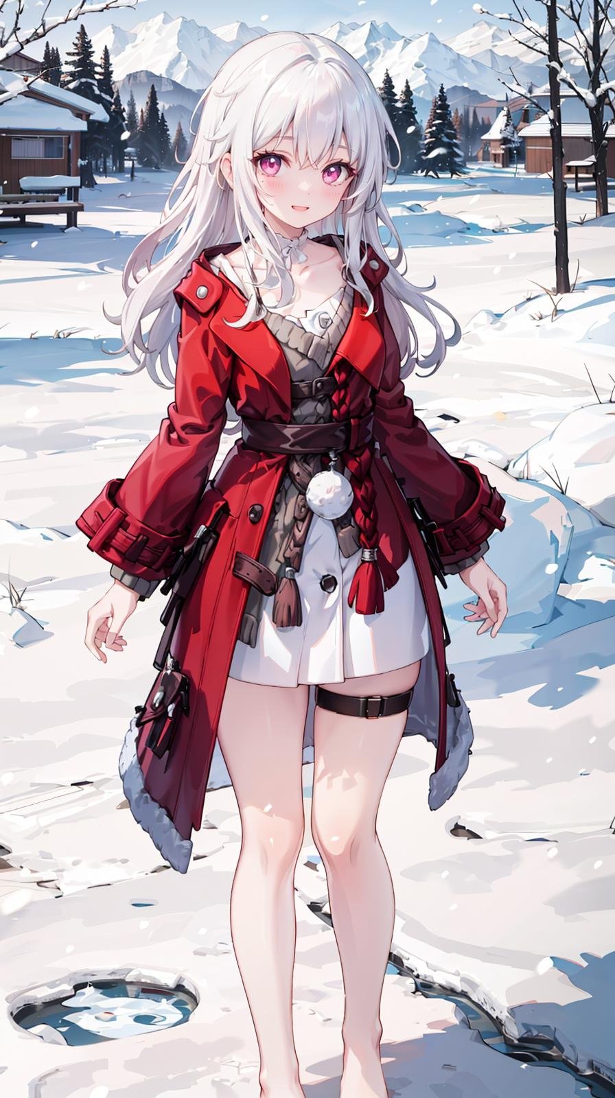 (extremely detailed CG), (best quality), 1girl, petite, small breasts, perfect face, bright pupils, (finely detailed beautiful eyes), narrow waist, hair intakes, white choker, thigh strap, red jacket, red coat, barefoot, white dress, standing, full body, depth of field, light smile, snowing, outdoors,  <lora:ClaraHonkai:0.75>