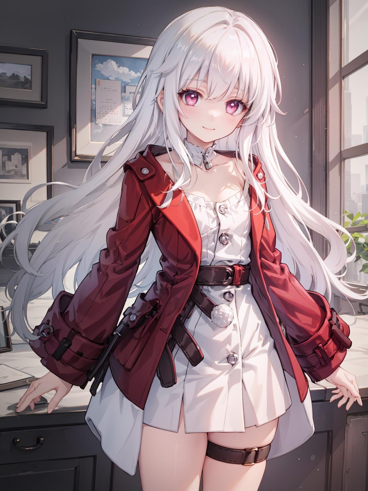 (extremely detailed CG), (best quality), 1girl, petite, small breasts, perfect face, bright pupils, (finely detailed beautiful eyes), narrow waist, hair intakes, white choker, thigh strap, red jacket, red coat, white dress, cowboy shot, light smile, <lora:ClaraHonkai:0.75>