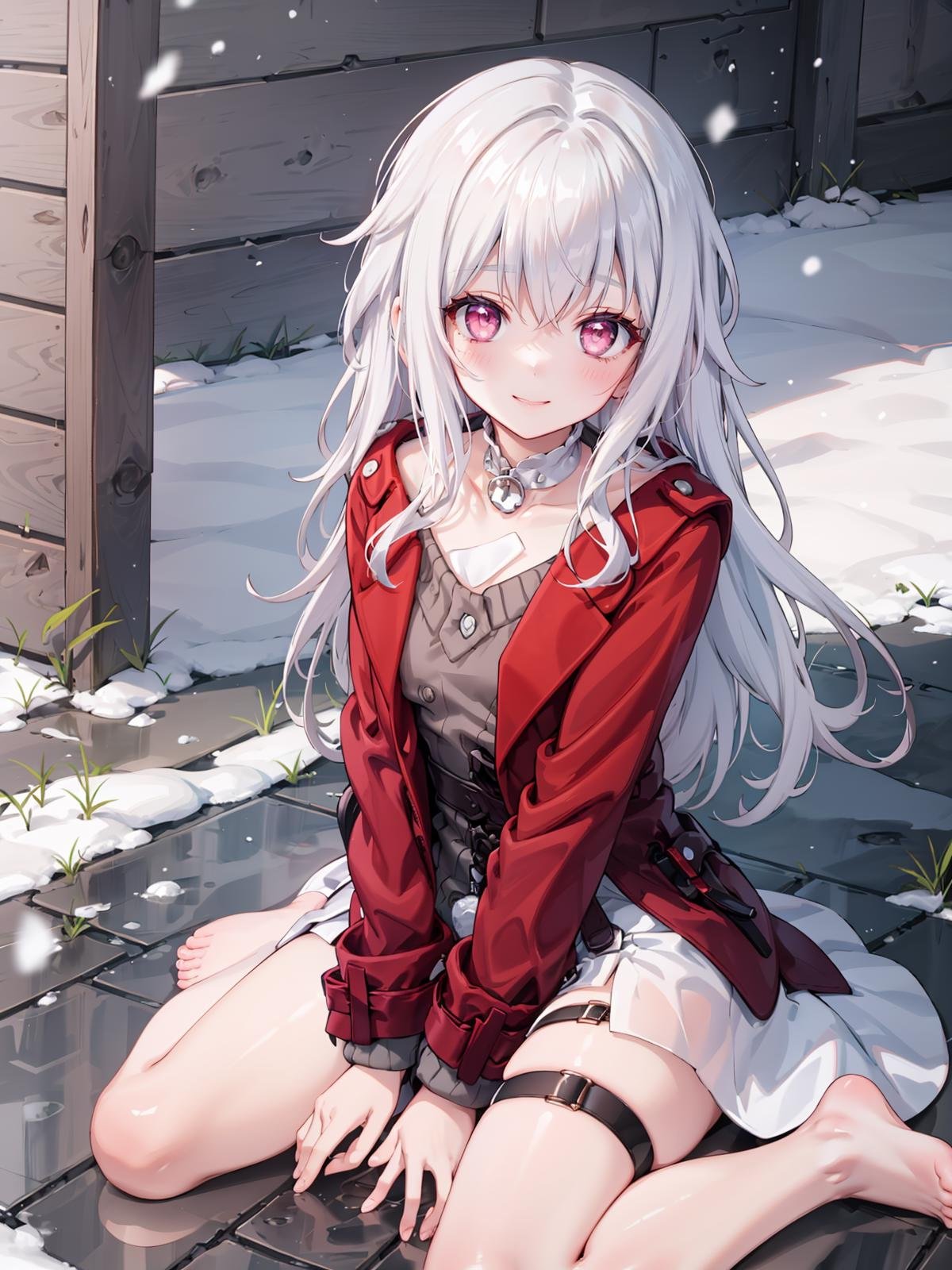 (extremely detailed CG), (best quality), 1girl, petite, small breasts, perfect face, bright pupils, (finely detailed beautiful eyes), narrow waist, hair intakes, white choker, thigh strap, red jacket, red coat, barefoot, white dress, depth of field, light smile, snowing, outdoors,wariza, on floor, <lora:ClaraHonkai:0.75>