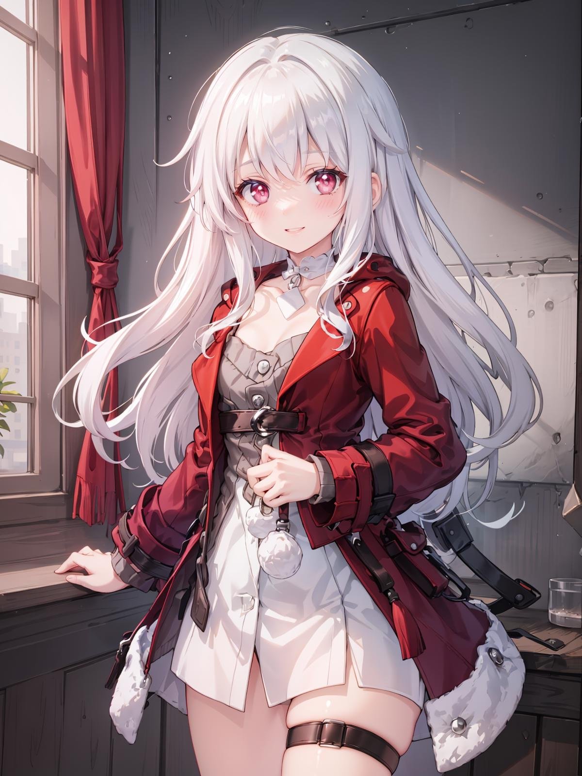 (extremely detailed CG), (best quality), 1girl, petite, small breasts, perfect face, bright pupils, (finely detailed beautiful eyes), narrow waist, hair intakes, white choker, thigh strap, red jacket, red coat, white dress, cowboy shot, light smile, <lora:ClaraHonkai:0.75>