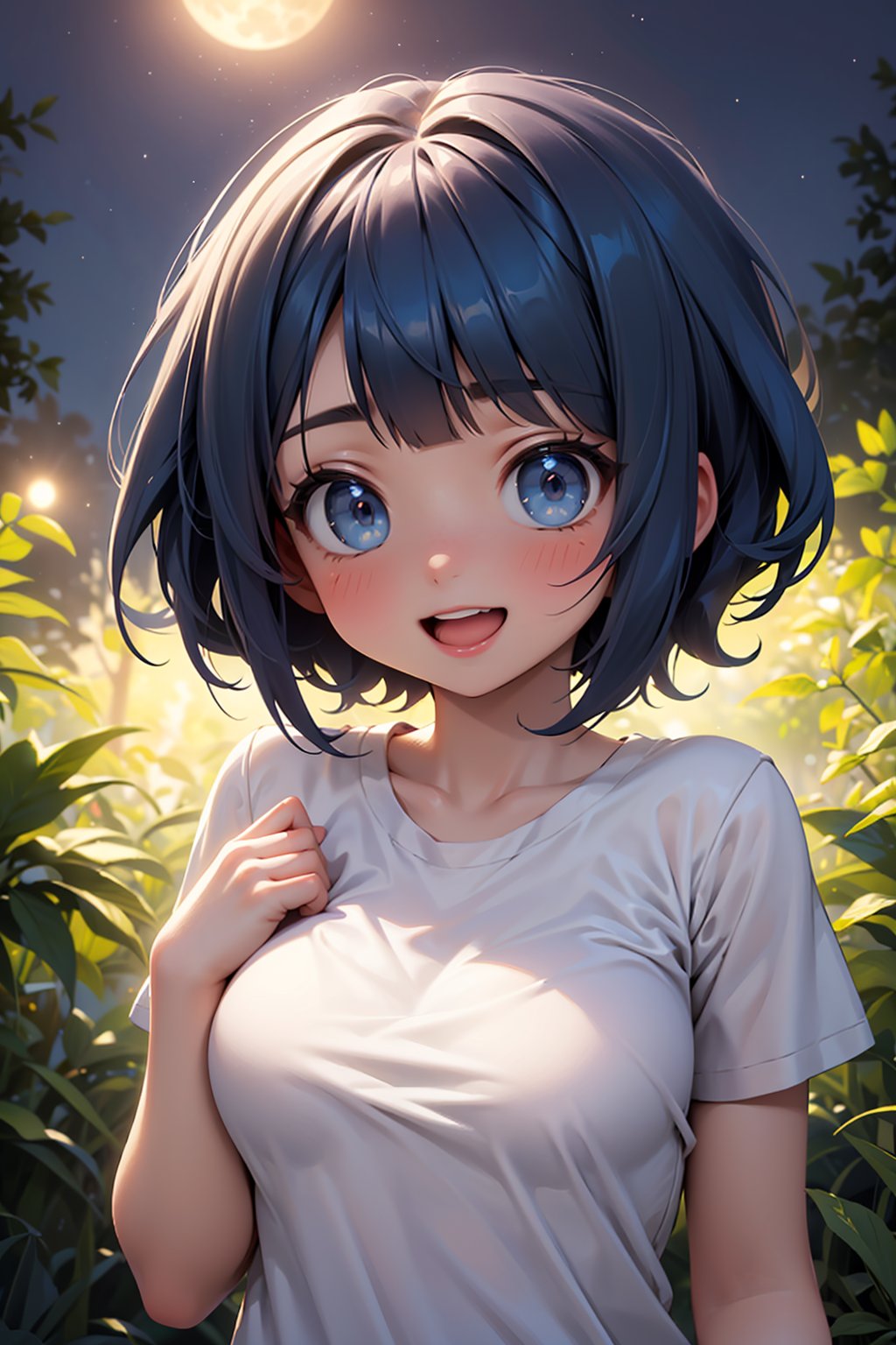 ((masterpiece, best quality, ultra-detailed, very fine 8KCG wallpapers)), 1girl, solo, kawaii, petite, short hair, blue hair, straight hair, blue eyes, t-shirt, open mouth, large breasts, light smile, blunt bangs, portrait, forest, night, moon, nice hands, perfect hands,