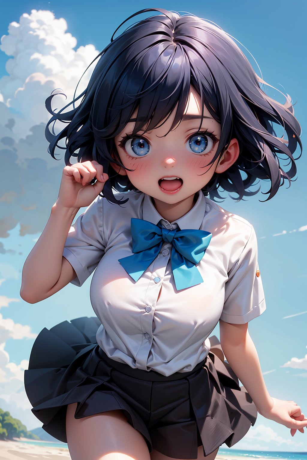 ((masterpiece, best quality, ultra-detailed, very fine 8KCG wallpapers)), 1girl, solo, kawaii, petite, short hair, blue hair, straight hair, blue eyes, white shirt, open mouth, bowtie, large breasts, button gap, blank eyes, blue sky, wind, nice hands, perfect hands,