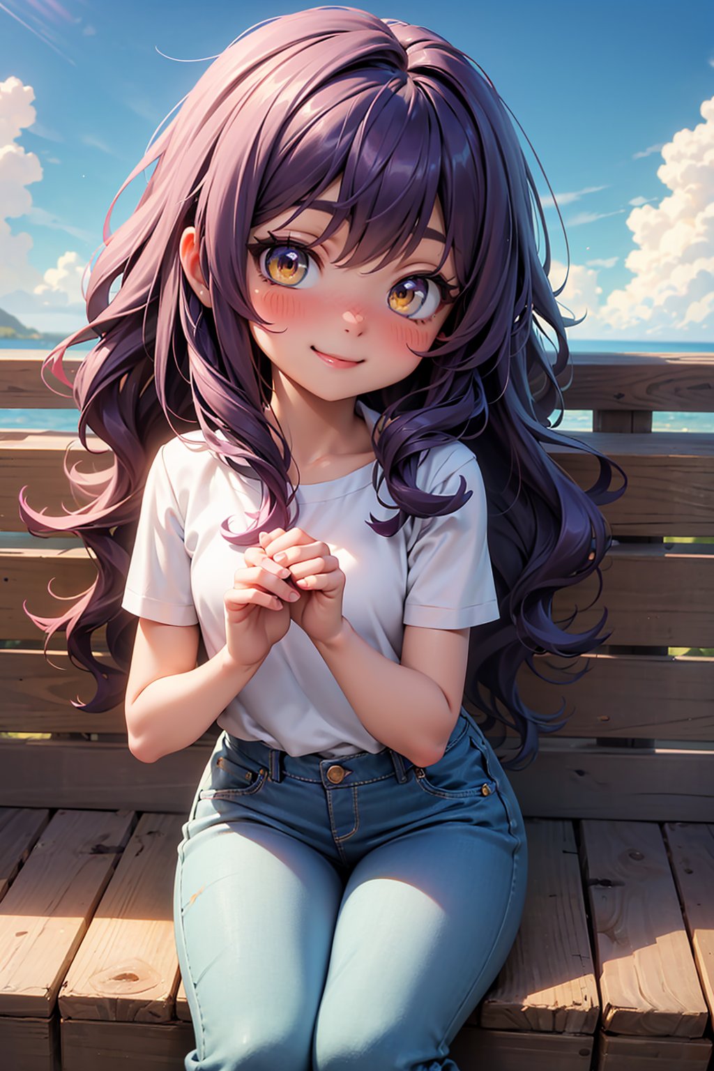 ((masterpiece, best quality, ultra-detailed, very fine 8KCG wallpapers)), 1girl, solo, kawaii, petite, long hair, wavy hair, purple hair, yellow eyes, nose blush, seductive smile, pants, portrait, blue sky, nice hands, perfect hands,