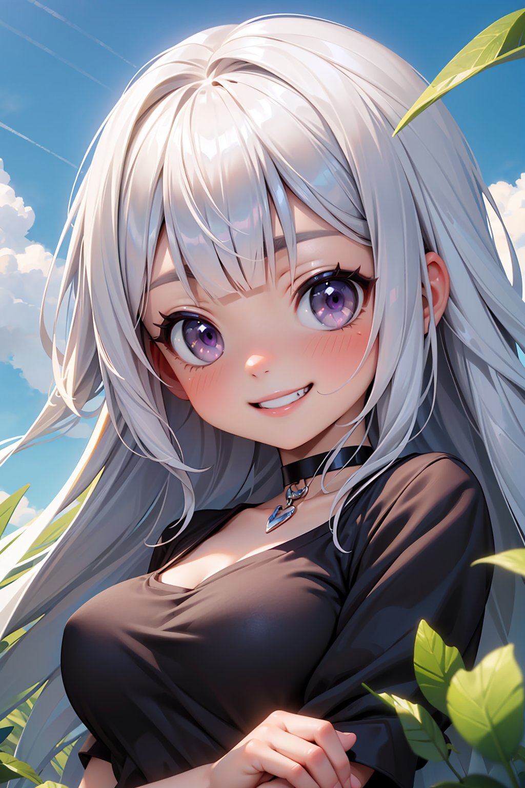 ((masterpiece, best quality, ultra-detailed, very fine 8KCG wallpapers)), 1girl, solo, kawaii, petite, long hair, straight hair, silver hair, purple eyes, blunt bangs, large breasts, black t-shirt, choker, grin, portrait, blue sky, wind, leaf, nice hands, perfect hands,