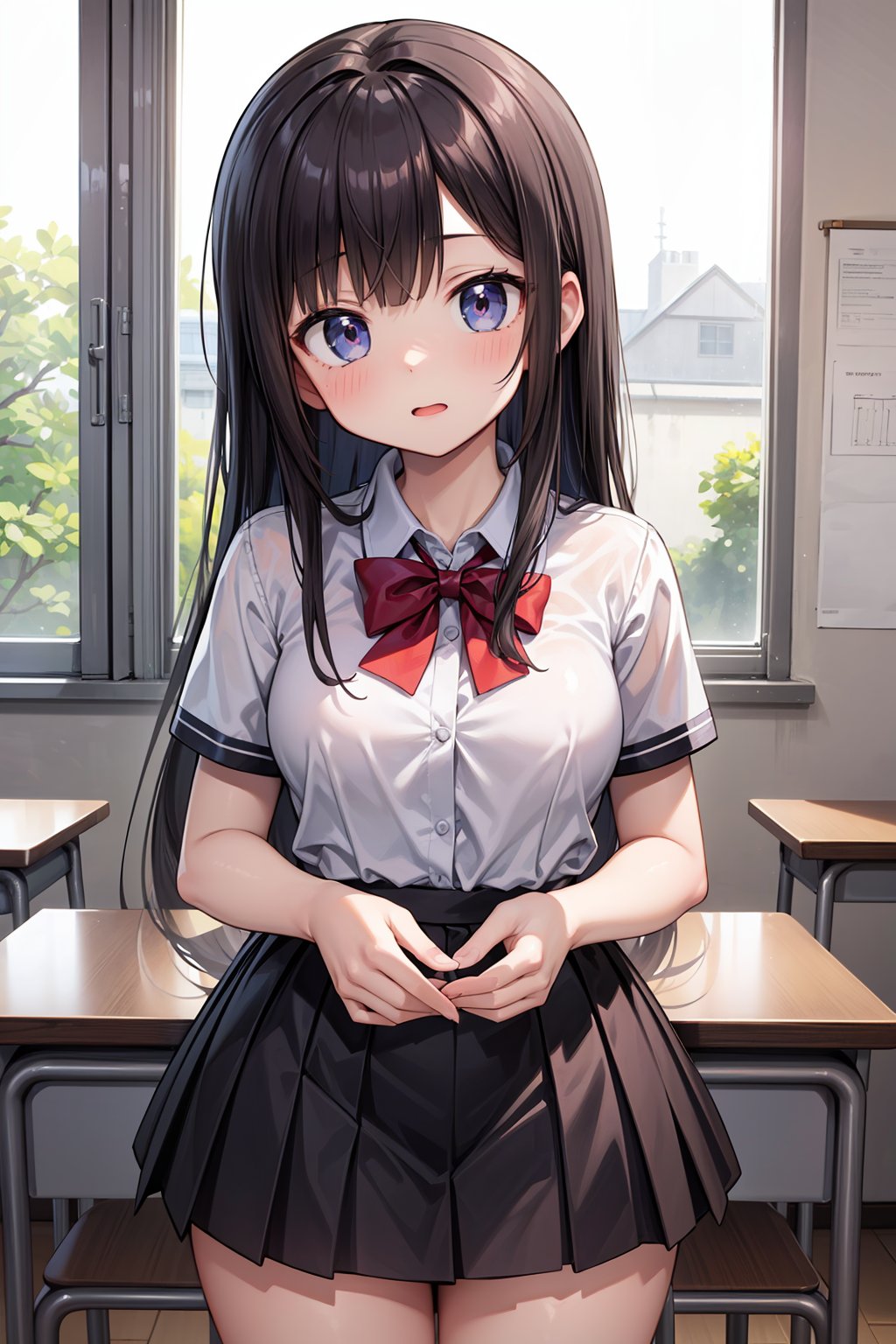 ((masterpiece, best quality, ultra-detailed, very fine 8KCG wallpapers)), 1girl, solo, medium breasts, junior high schooler, classroom, nice hands, perfect hands,