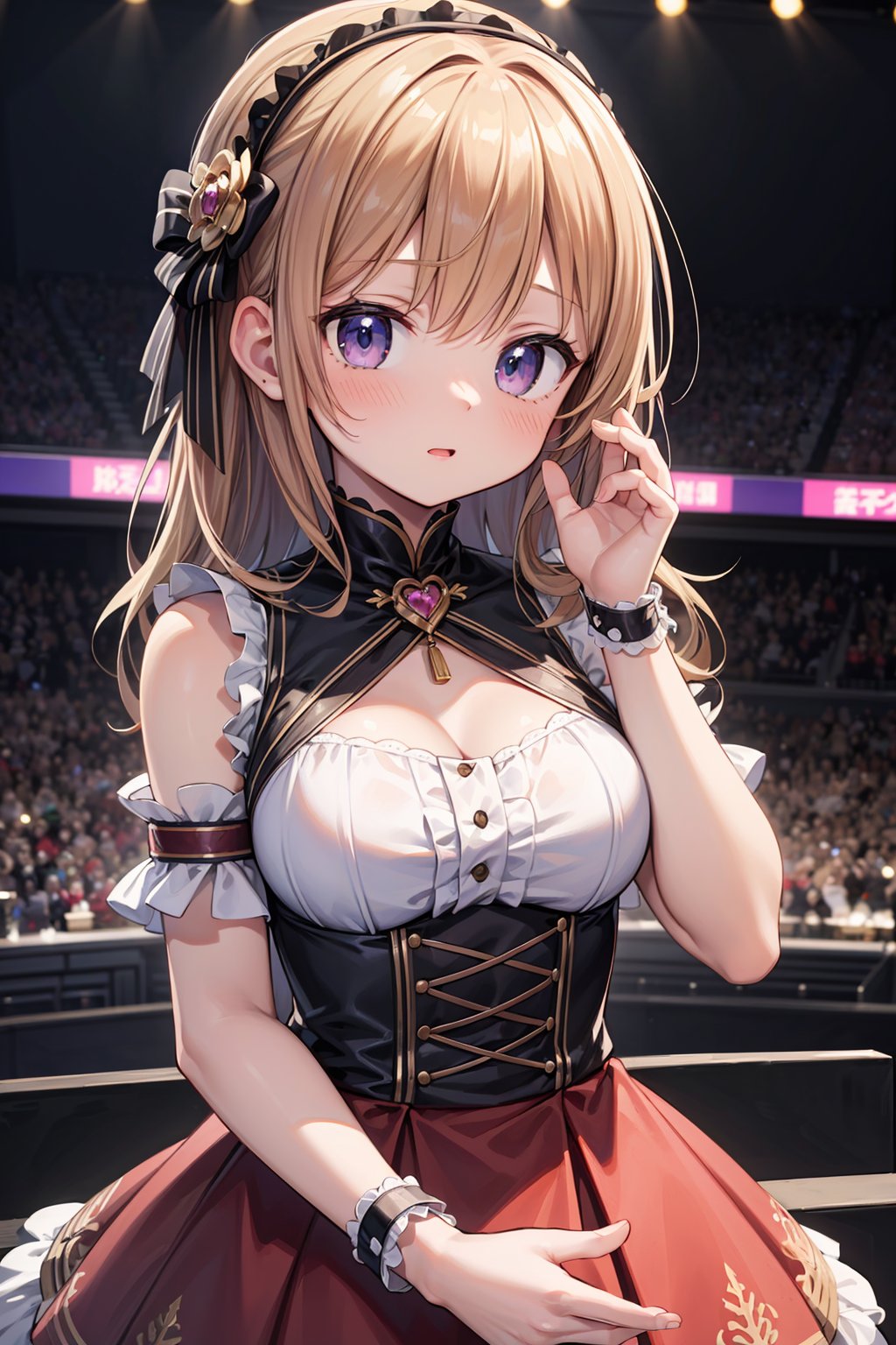 ((masterpiece, best quality, ultra-detailed, very fine 8KCG wallpapers)), 1girl, solo, medium breasts, idol, concert venue, nice hands, perfect hands,