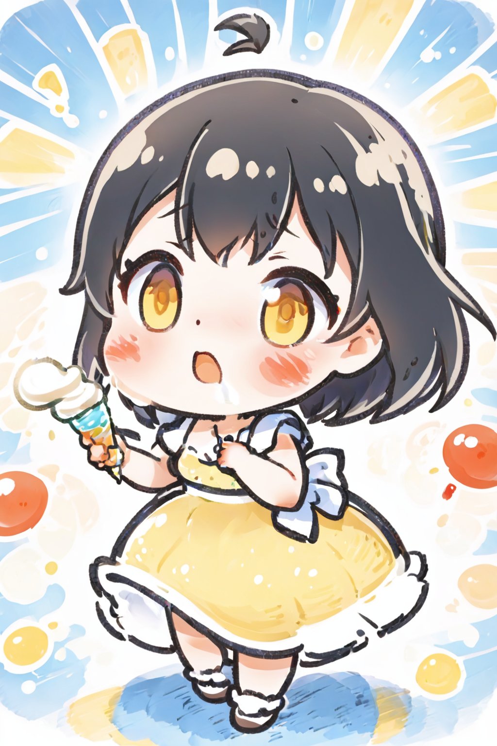 淘气宝贝, (1 girl :1.3),  (detailed light),  (an extremely delicate and beautiful),  volume light,  best shadow,  flash,  Depth of field,  dynamic angle, Oily skin,  (girl with cream all over her face),  (panic),  lots of ice cream,  sundaes,  (yellow dresses),  dresses full of cream,  ketchup,  black hair,  yellow eyes,<lora:EMS-165741-EMS:1.000000>