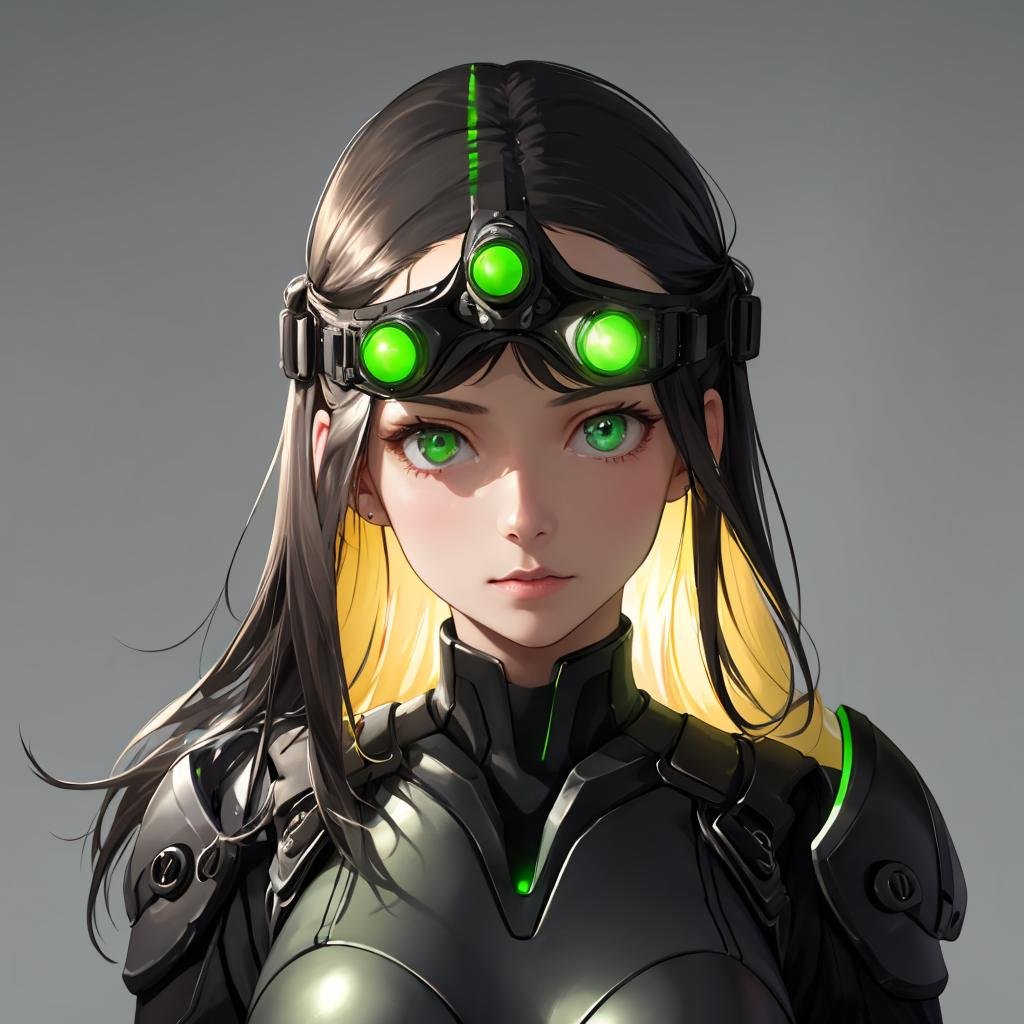 nvg, goggles on head, green eyes, glowing, glowing eyes, simple background, 1girl, medium breasts, long hair, solo, ((upper body, face and shoulder portait)), <lora:NVG-10:0.8>