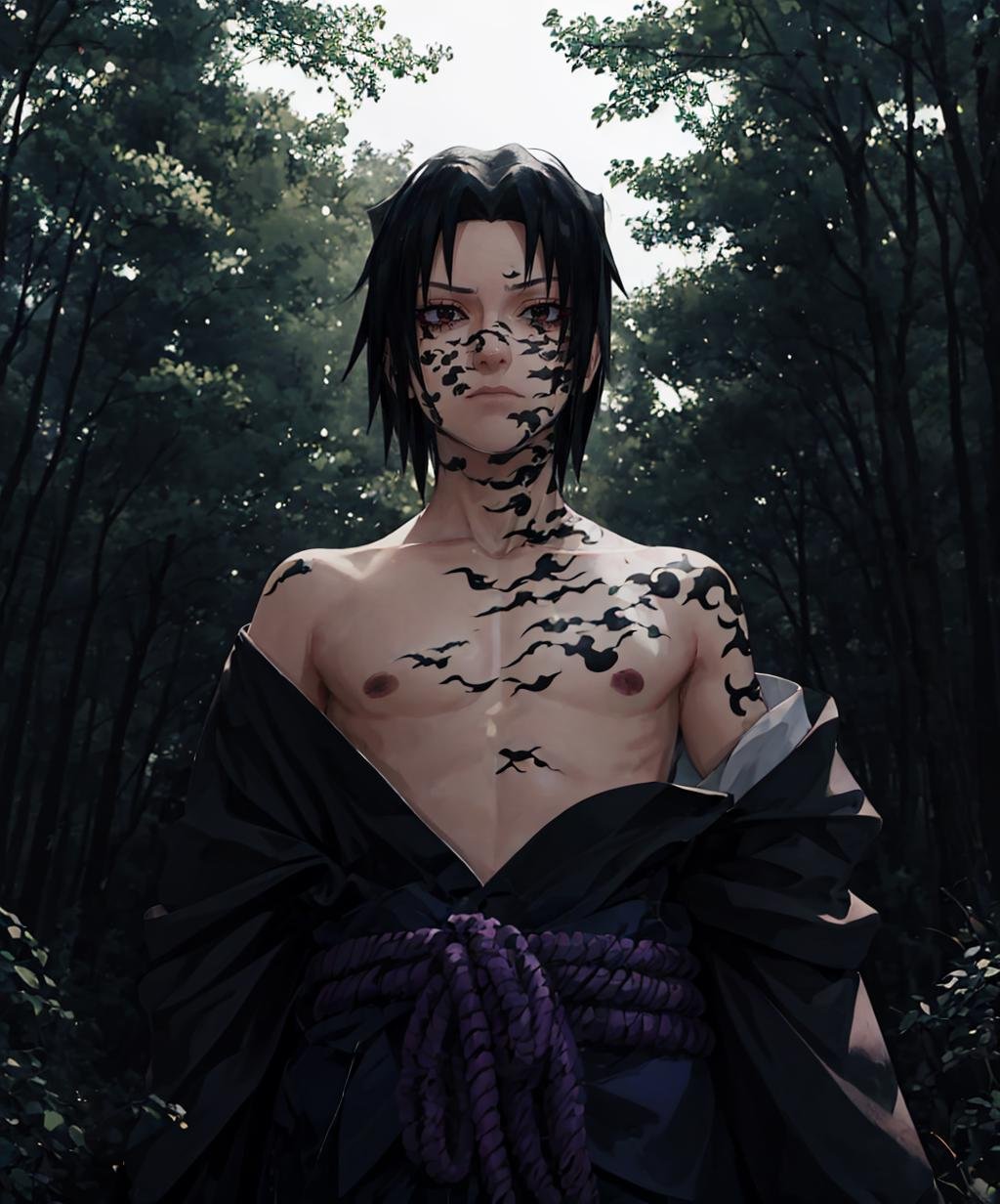 dark theme, (curse_mark: 1.21), makeup, 1boy, Sasuke, purple skirt, left shoulder, upper body, forest, forest background upper body, from below, looking at viewer, solo, <lora:curse_mark-06:1>, <lora:sasuke:0.8>, <lora:LowRA:0.3>