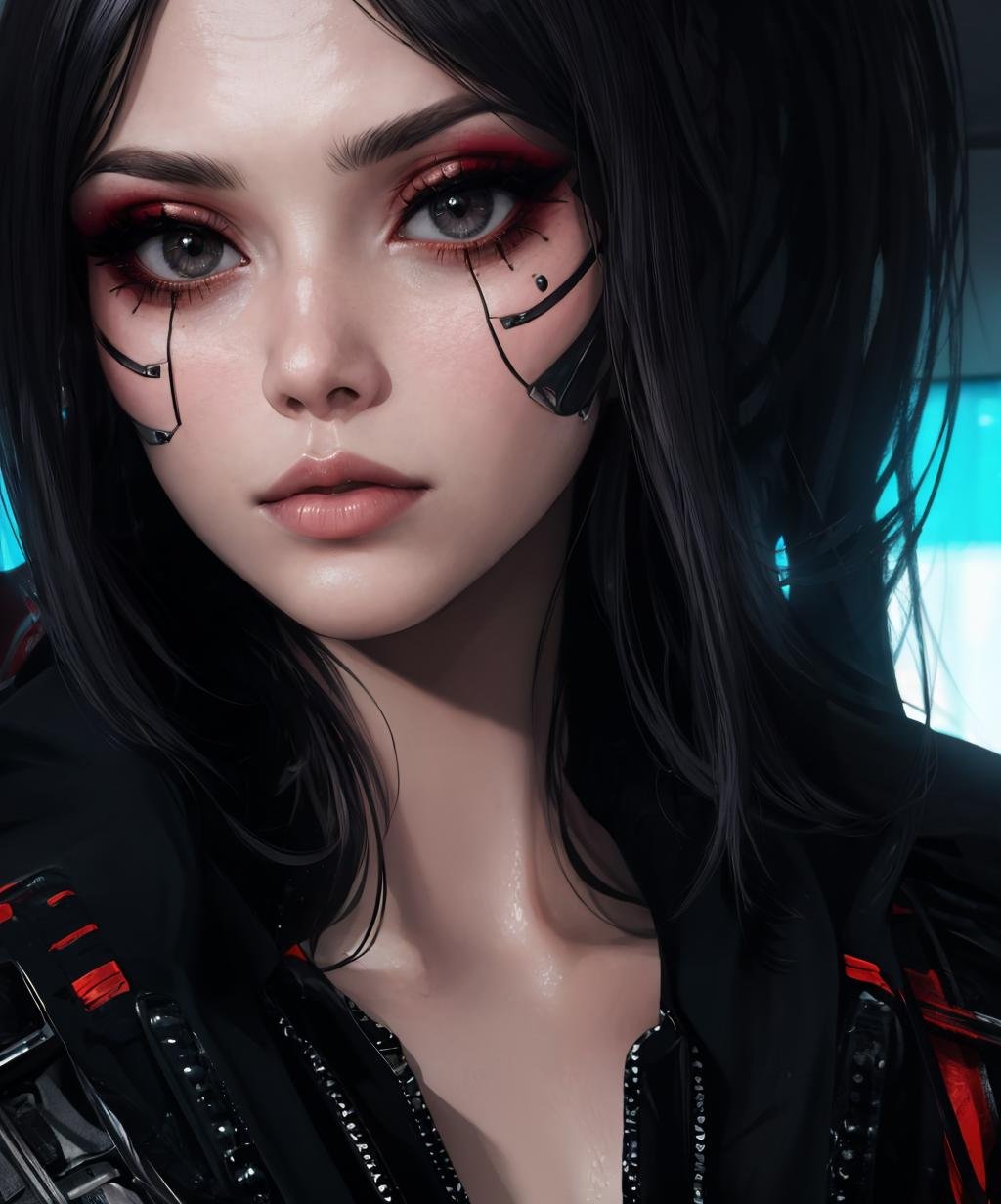 (Photo:1.3), highdetail, dark theme, (cyber_mark: 1.1), cyborg, facial mark, 1girl, long hair, black hair, closed mouth, collarbone, ponytail, black eyes, lips, head tilt, eyelashes, makeup, eyeshadow, eyeliner, looking at viewer, upper body, solo, <lora:cyber_mark-07:0.8> <lora:LowRA:0.3> <lora:epi_noiseoffset2:1>, (cyberpunk style:1.3), medium intensity lighting, (emphasis lines:1.3), (masterpiece, best quality, absurdres, detailed, ultra-detailed:1.3), (HDR:1.3)