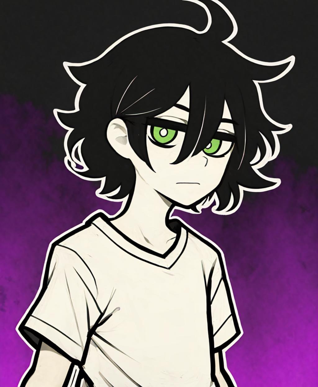 monochrome,tcoaal, solo, looking at viewer, short hair, shirt, 1boy, hair between eyes, closed mouth,black hair,  green eyes, upper body, ahoge, short sleeves, male focus, black background, messy hair, bright pupils, outline, white pupils, purple shirt, white outline, <lora:the_coffin_of_andy_and_lesley-06:0.8> 