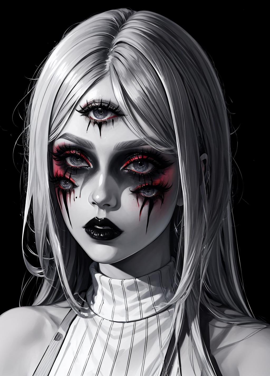 dark theme, horror theme, multiple_eyes, 1girl, long hair, parted lips, makeup, eyeliner, white hair, blood, eyeball, black turtleneck, portrait, grey background, simple background, black lips, <lora:multiple_eyes-06:1>,  <lora:epi_noiseoffset2:0.8> <lora:LowRA:0.8> 