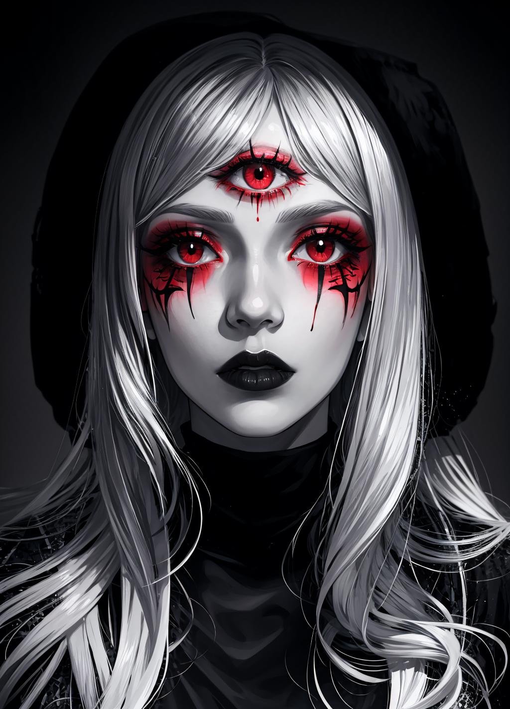 dark theme, horror theme, multiple_eyes, 1girl, long hair, parted lips, makeup, eyeliner, red eyes, white hair, blood, eyeball, black turtleneck, ((sexy)), portrait, grey background, simple background, black lips, <lora:multiple_eyes-06:1>,  <lora:epi_noiseoffset2:0.8> <lora:LowRA:0.8> 