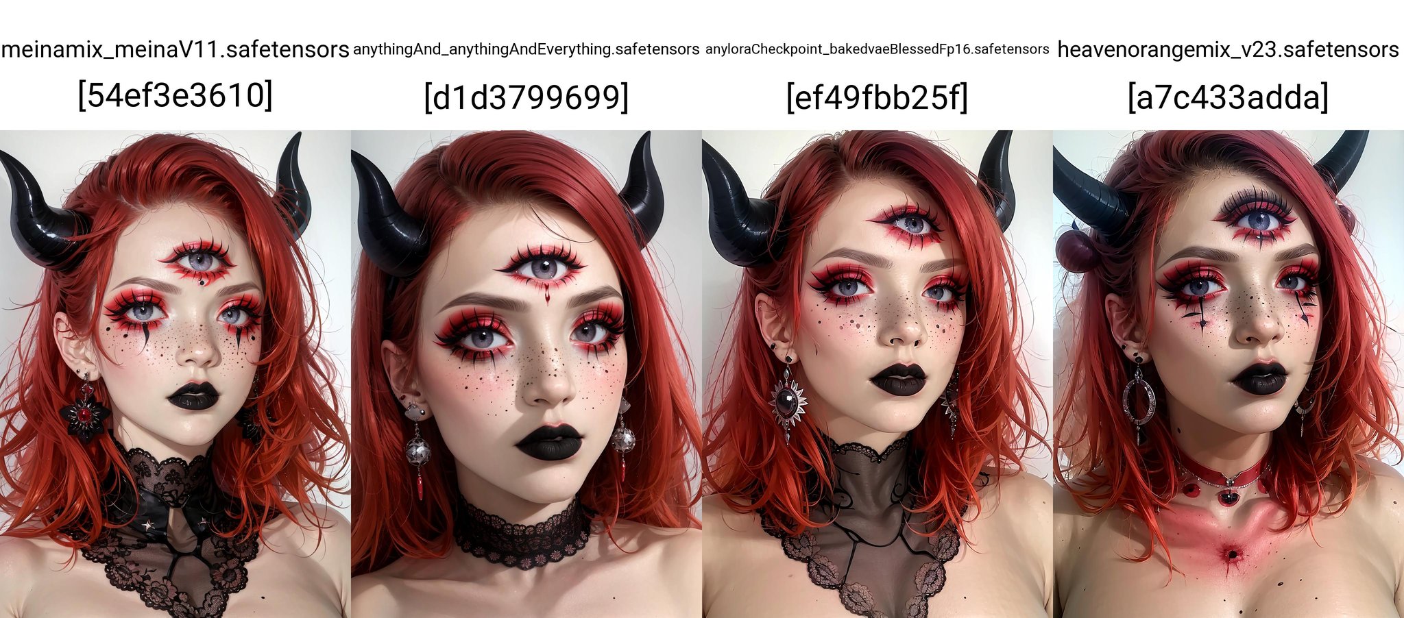 multiple_eyes, 1girl, red hair, freckles, grey eyes, closed mouth, lipstick, black lips, makeup, horns, demon horns, jewelry, earrings, blood, looking at viewer, portrait, grey background, <lora:multiple_eyes-06:1>