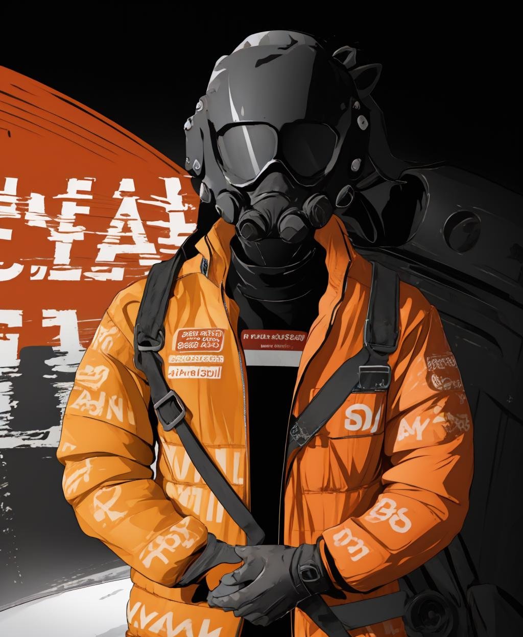 lethal, jacket, looking at viewer, open jacket, own hands together, drip jacket, orange jacket, spacesuit, uniform, parody, bag, bodysuit, backpack, jumpsuit, flat color, solo, upper body, <lora:lethal-05:1> <lora:drip_jacket:0.8> 