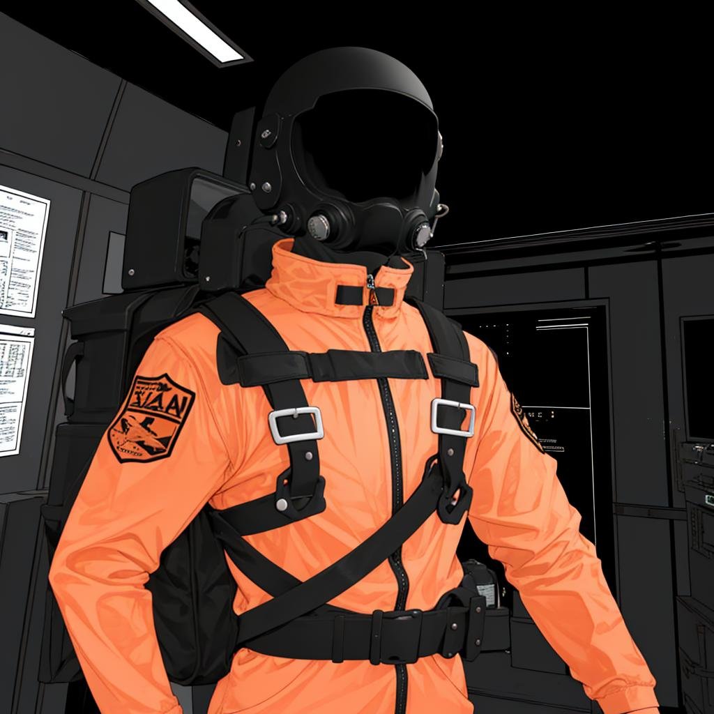 lethal, jacket, orange jacket, spacesuit, uniform, parody, bag, bodysuit, backpack, jumpsuit, flat color, upper body, solo, indoors, <lora:lethal-05:1> 