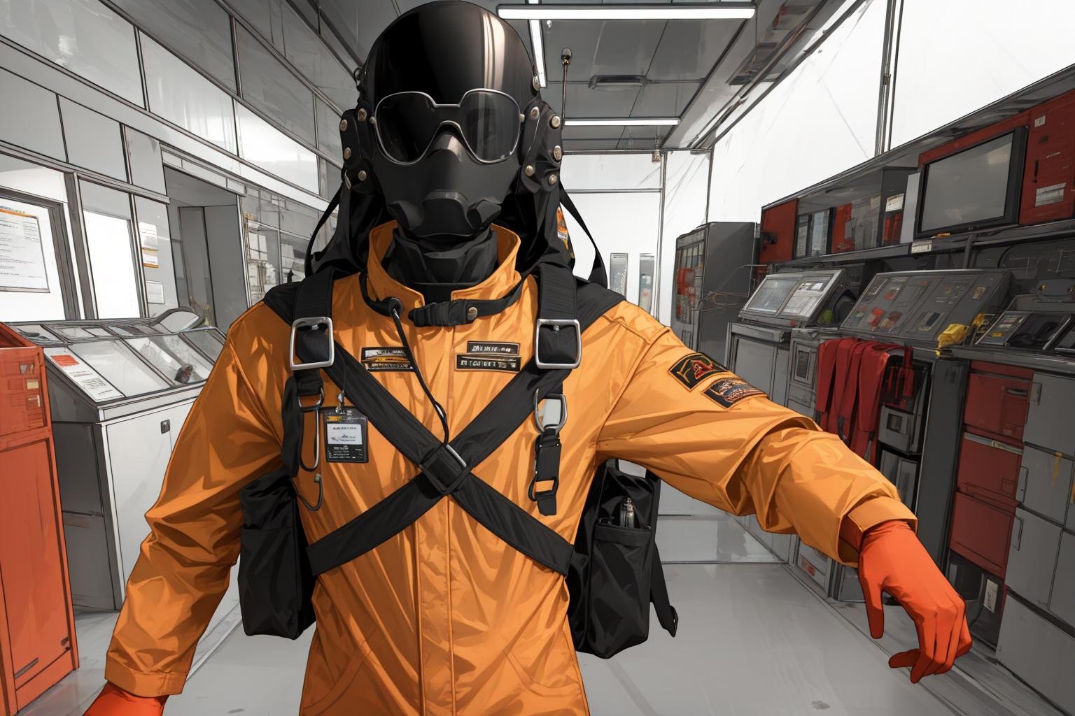 lethal, jacket, orange jacket, spacesuit, uniform, parody, bag, bodysuit, backpack, jumpsuit, flat color, upper body, solo, indoors, <lora:lethal-05:1> 