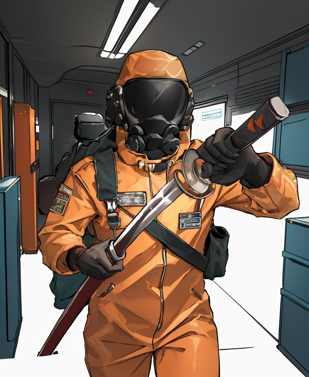 lethal, IncrsUnsheathingAKatanaMeme, sheath, holding sheath, jacket, orange jacket, spacesuit, uniform, parody, bag, bodysuit, backpack, jumpsuit, flat color, upper body, solo, indoors, <lora:lethal-05:1>  <lora:ChihiroUnsheathingAKatanaMeme:0.8> 