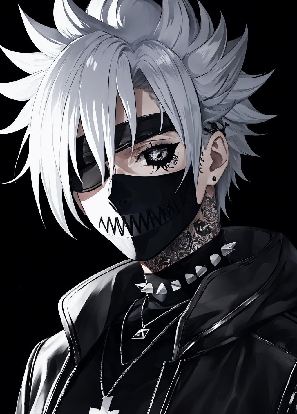 dark theme, eem, looking at viewer, short hair, simple background, 1boy, upper body, white hair, male focus, necklace, black eyes, chain, eyepatch, spiked hair, black background, portrait, spikes, black sclera, spiked collar, black mask, <lora:emo_edit_manga-10:1> <lora:LowRA:0.8> 