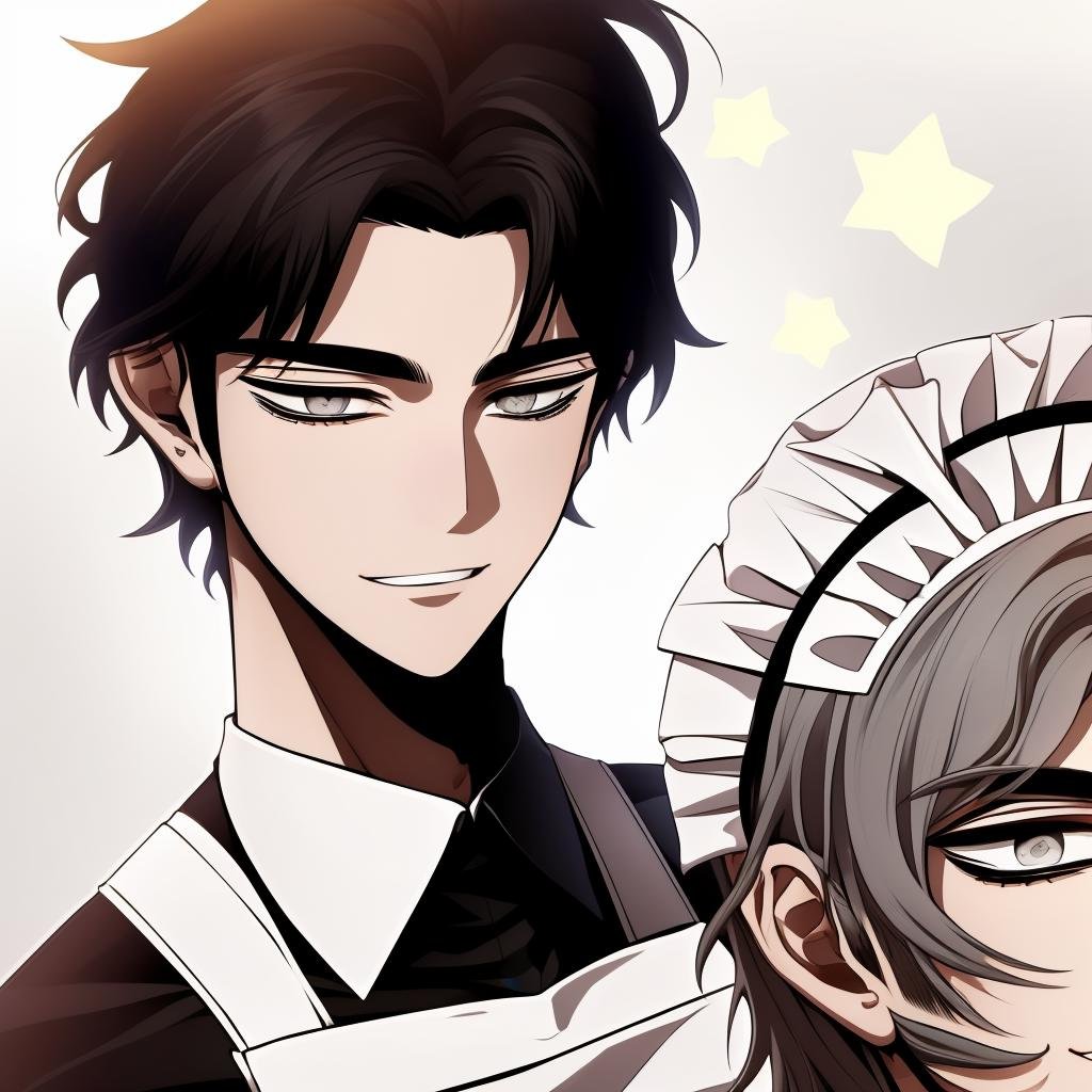 Jaehwan, smile, closed mouth, star(symbol), grey eyes, maid <lora:mika-09:1>, ((maid))