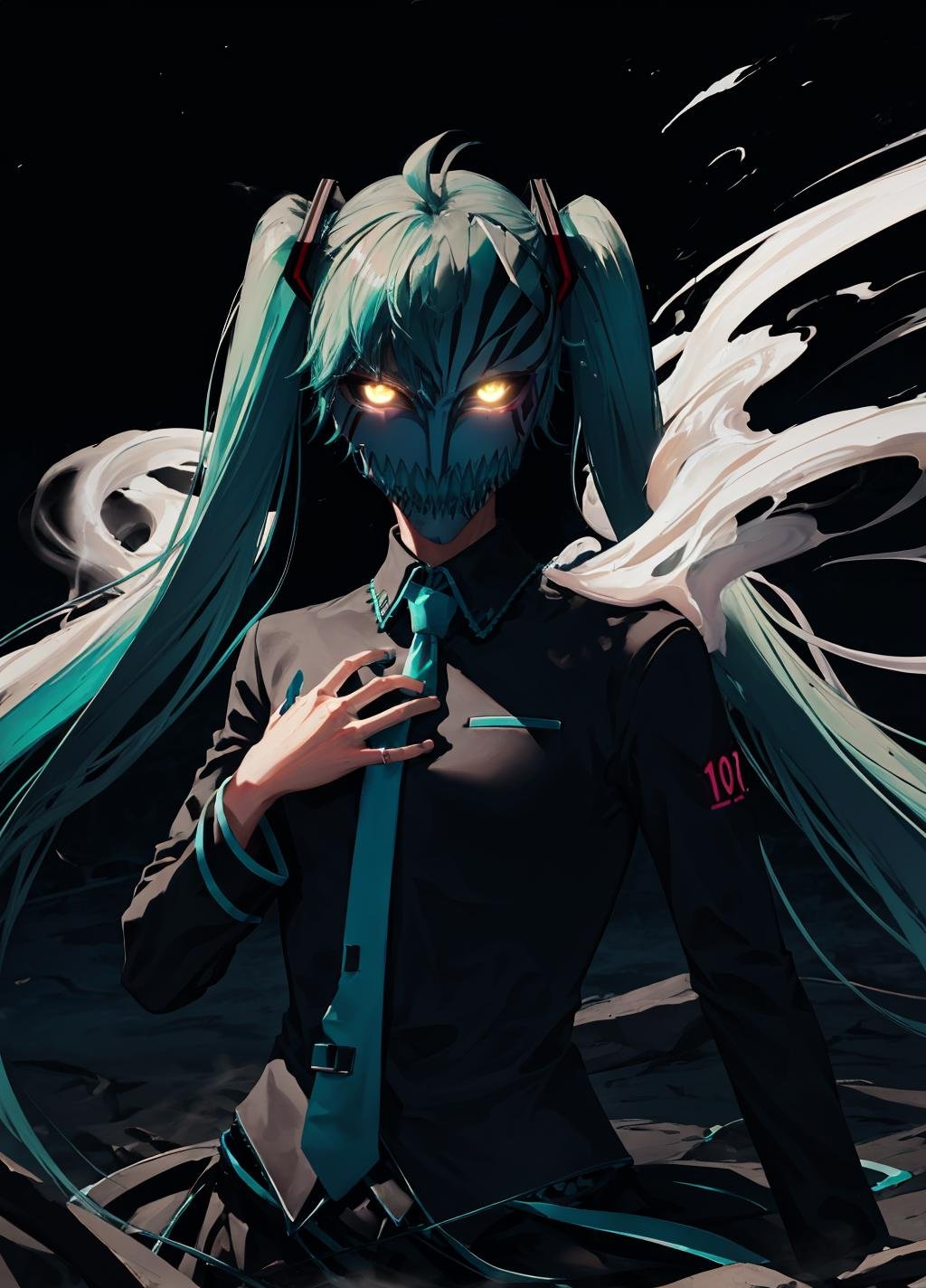 dark theme, ((hollowfication)), monster girl,  hatsune miku, spikes, glowing, smoke, upper body, <lora:hollowfication-08:1> <lora:LowRA:0.8> 