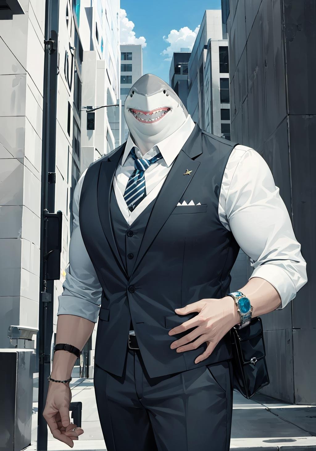 king_shark, ((shark, grey skin)), smile, closed mouth, jewelry, necklace, suit and tie, solo, <lora:king_shark-05:1>