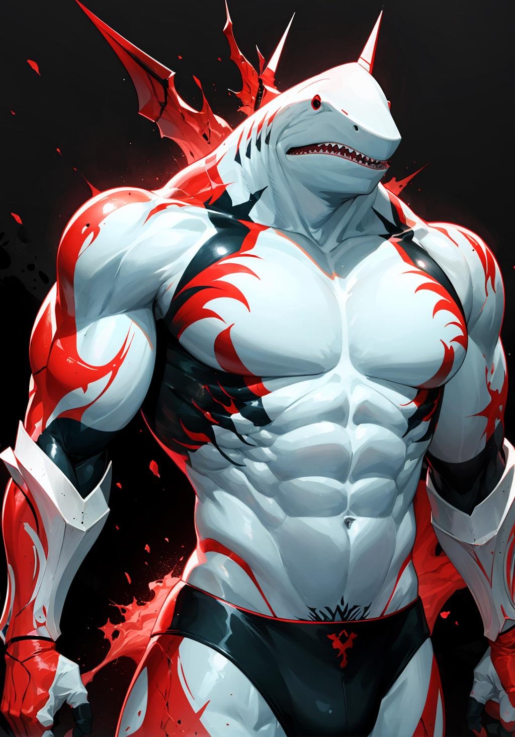 king_shark, open mouth, red eyes, horns,  muscular, colored skin, colored sclera, veins, monster, black sclera, <lora:king_shark-05:1>