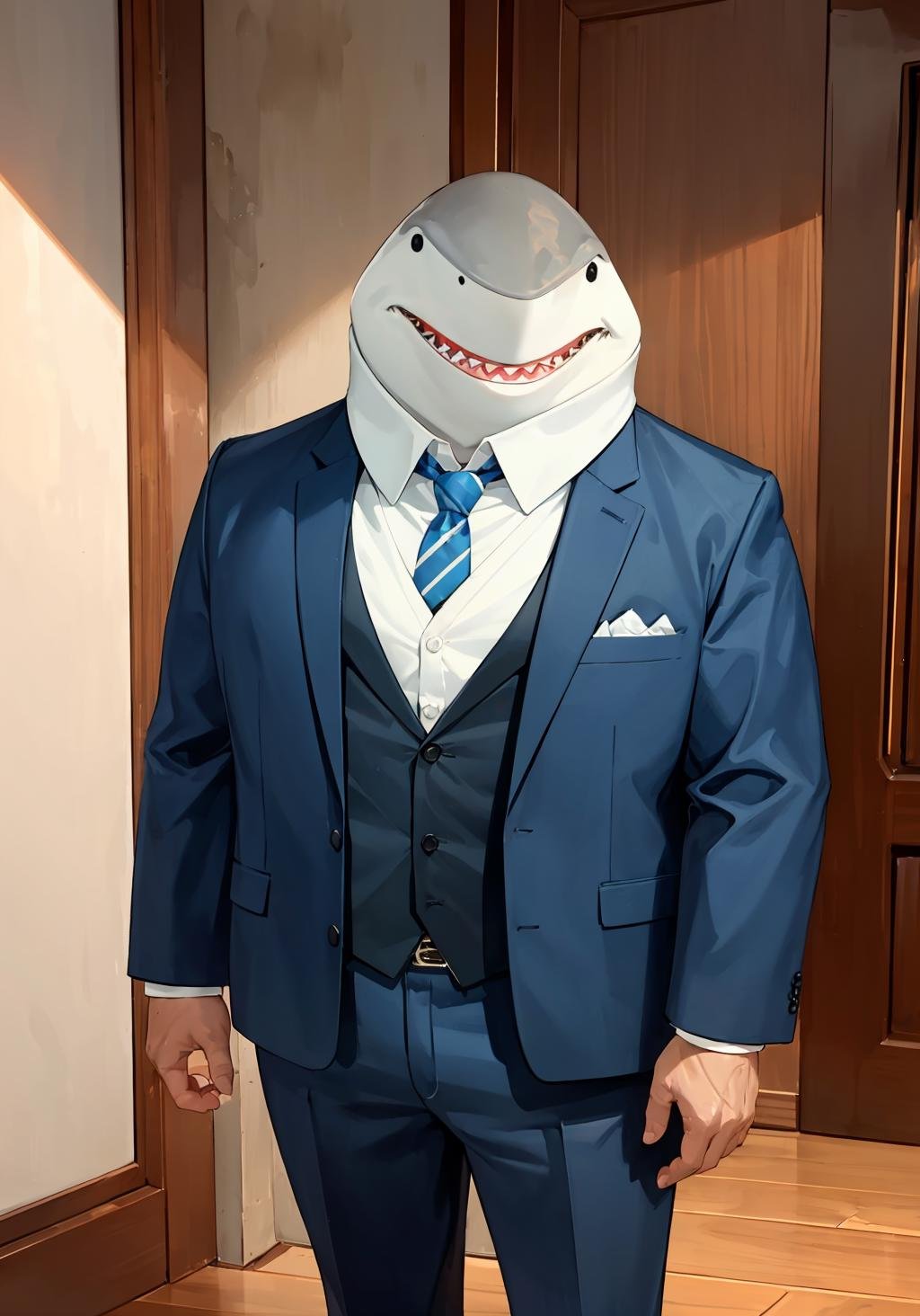 king_shark, shark, smile, closed mouth, jewelry, necklace, suit and tie, solo, <lora:king_shark-05:1>