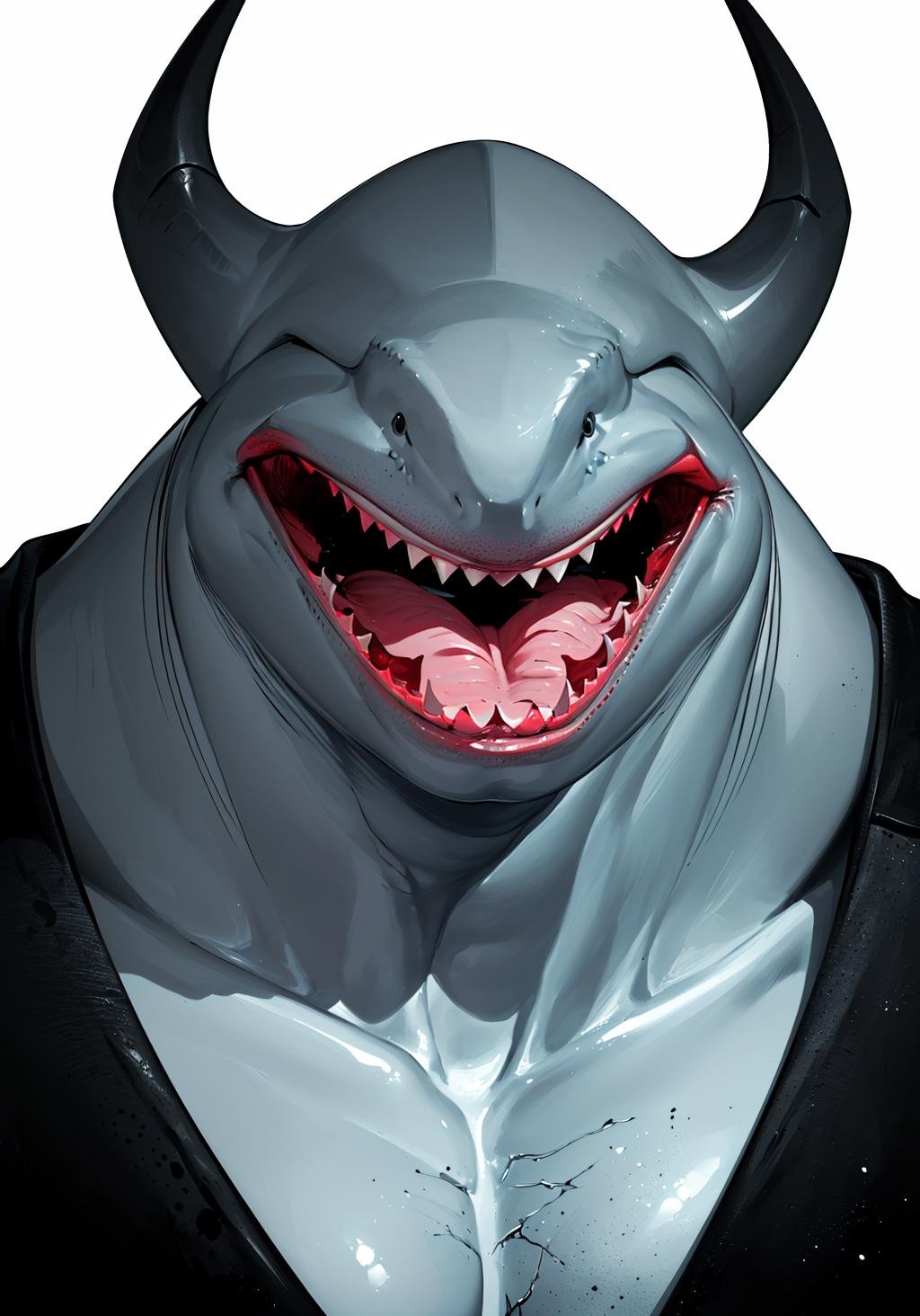 (((king_shark, open mouth, horns, muscular, colored skin, colored sclera, veins, monster, black sclera))), manga, dark, monochrome, (best quality, highly detailed, best art:1.3), greyscale, solo, face and shoulders portrait, <lora:king_shark-05:1>