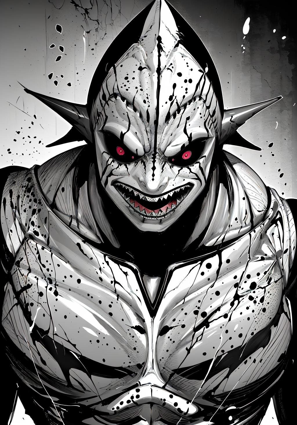 (((king_shark, open mouth, muscular, colored skin, colored sclera, veins, monster, black sclera))), manga, dark, monochrome, (best quality, highly detailed, best art:1.3), greyscale, solo, face and shoulders portrait, <lora:king_shark-05:1> <lora:Ghoul style:0.5>