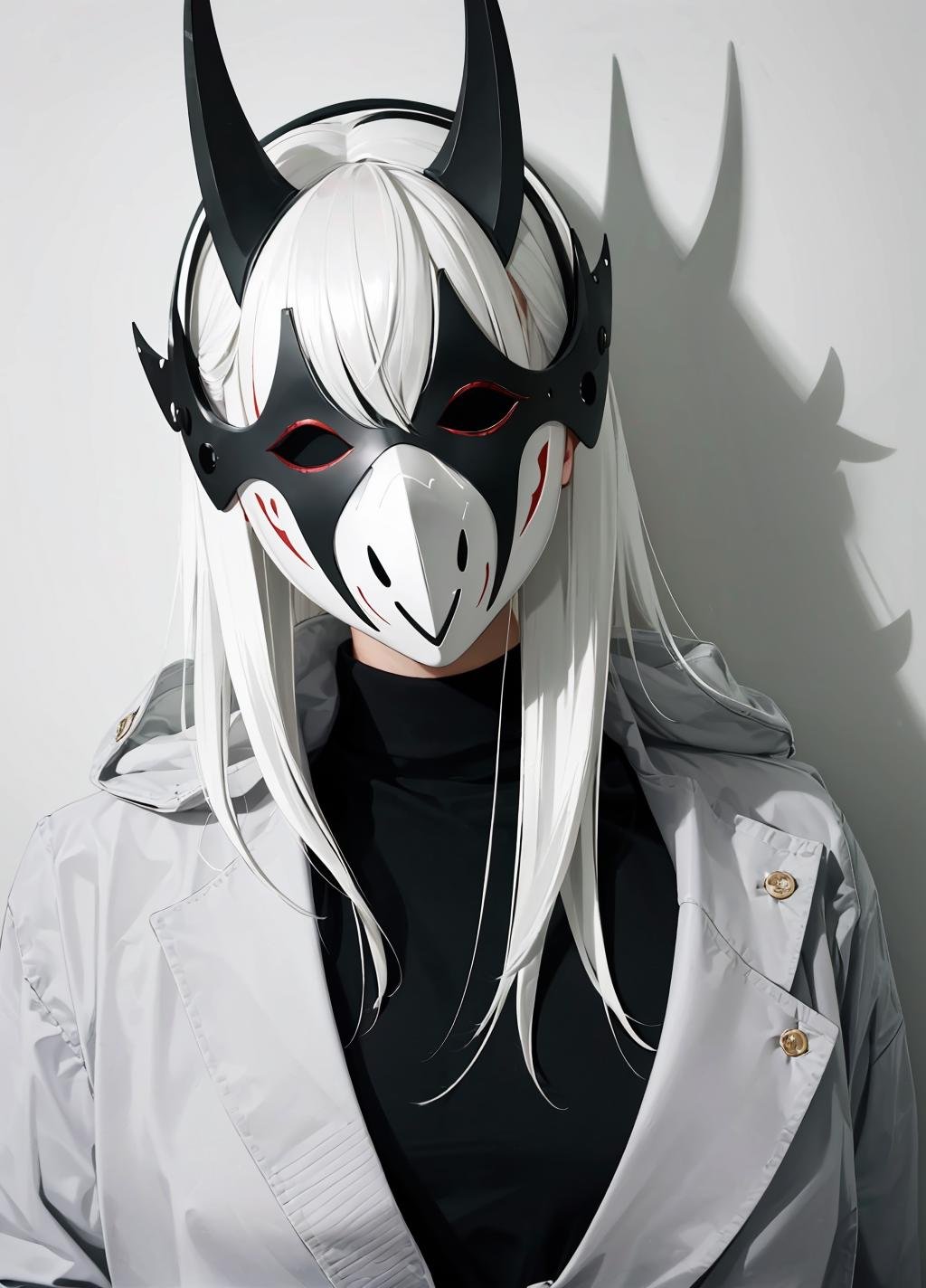 horror (theme), ((full_mask, covered mouth, no human, covered eyes)), long hair, white hair, turtleneck, shadow, robot, ((upper body)), <lora:full_mask-05:0.8>